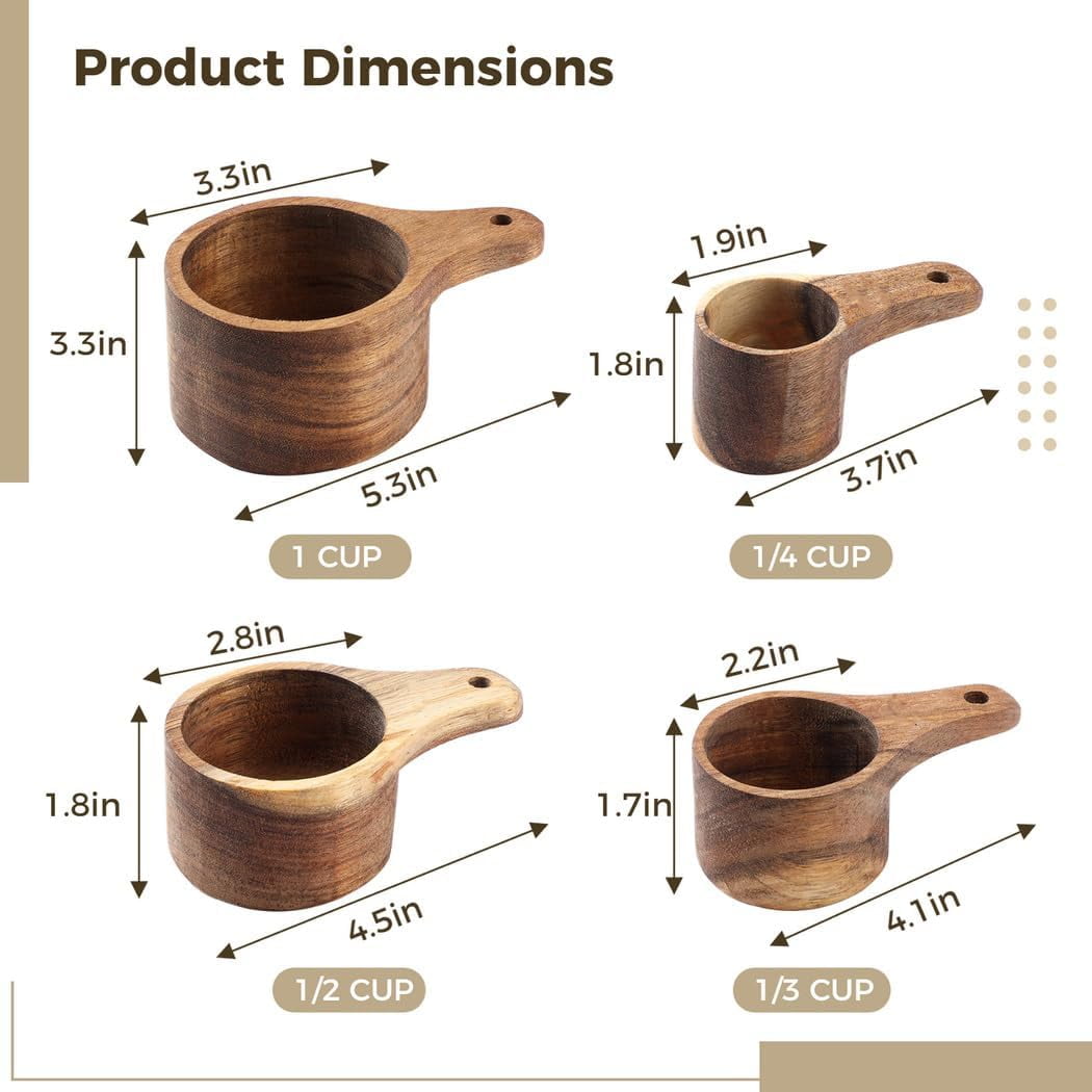 Wood Measuring Cup Set of 4, Nestable Natural Wooden Measuring Cups, 1, 1/2, 1/3, 1/4 Cup Sizes, Kitchen Utensils for Measuring Flour, Sugar, Spices, Nuts, Baking Cooking Tools