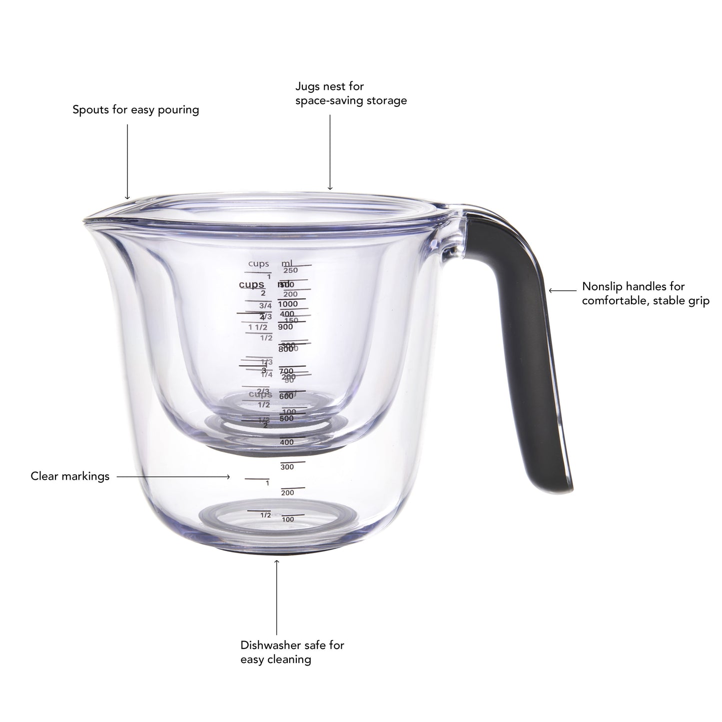Kitchenaid Universal Clear Plastic Set of 3 Nesting Measuring Cups with Black Handle