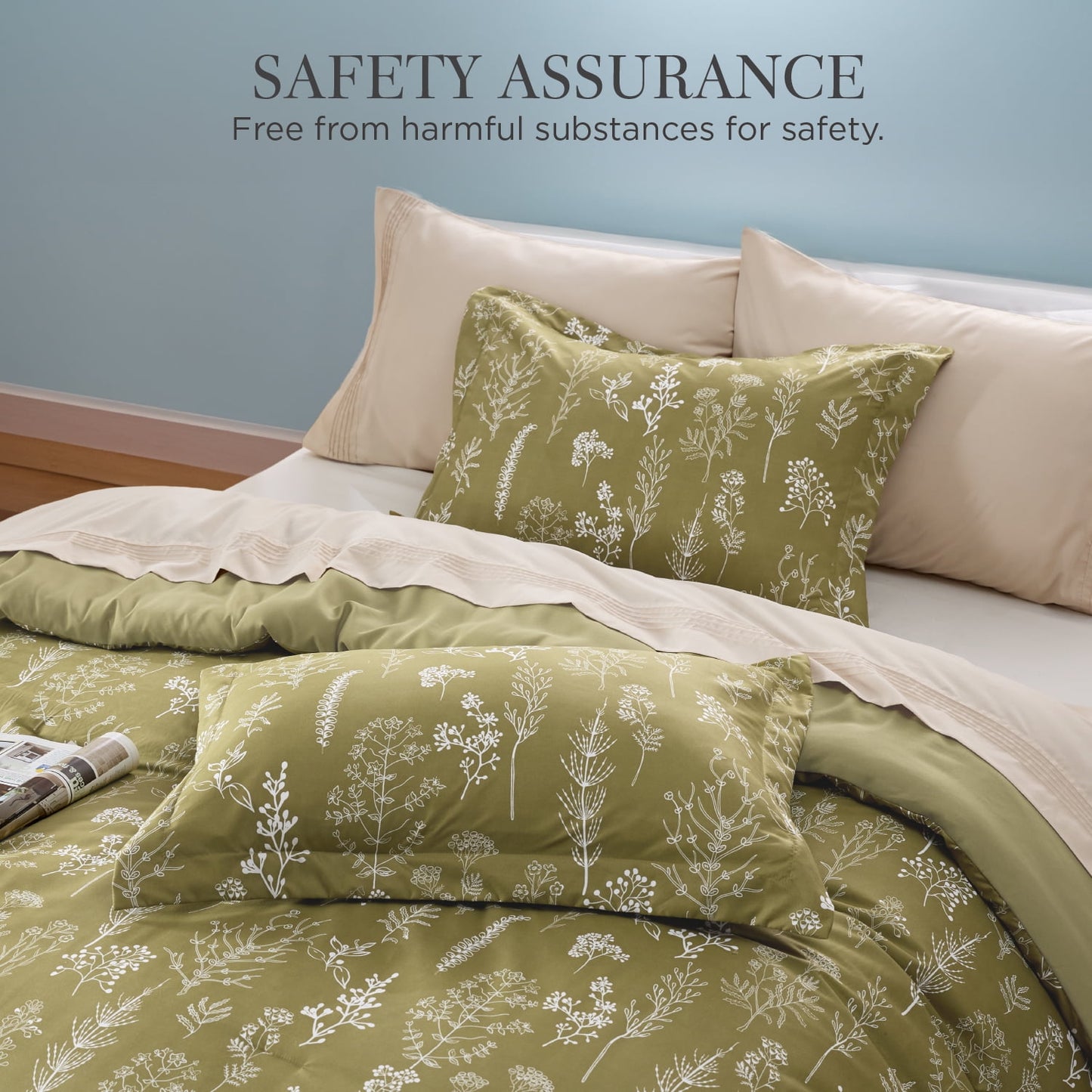 Cozy Comfort 3 Pieces Comforter Sets, 1 Soft Reversible Botanical Flowers Comforter and 2 Pillow Shams, Olive Green, Queen Size