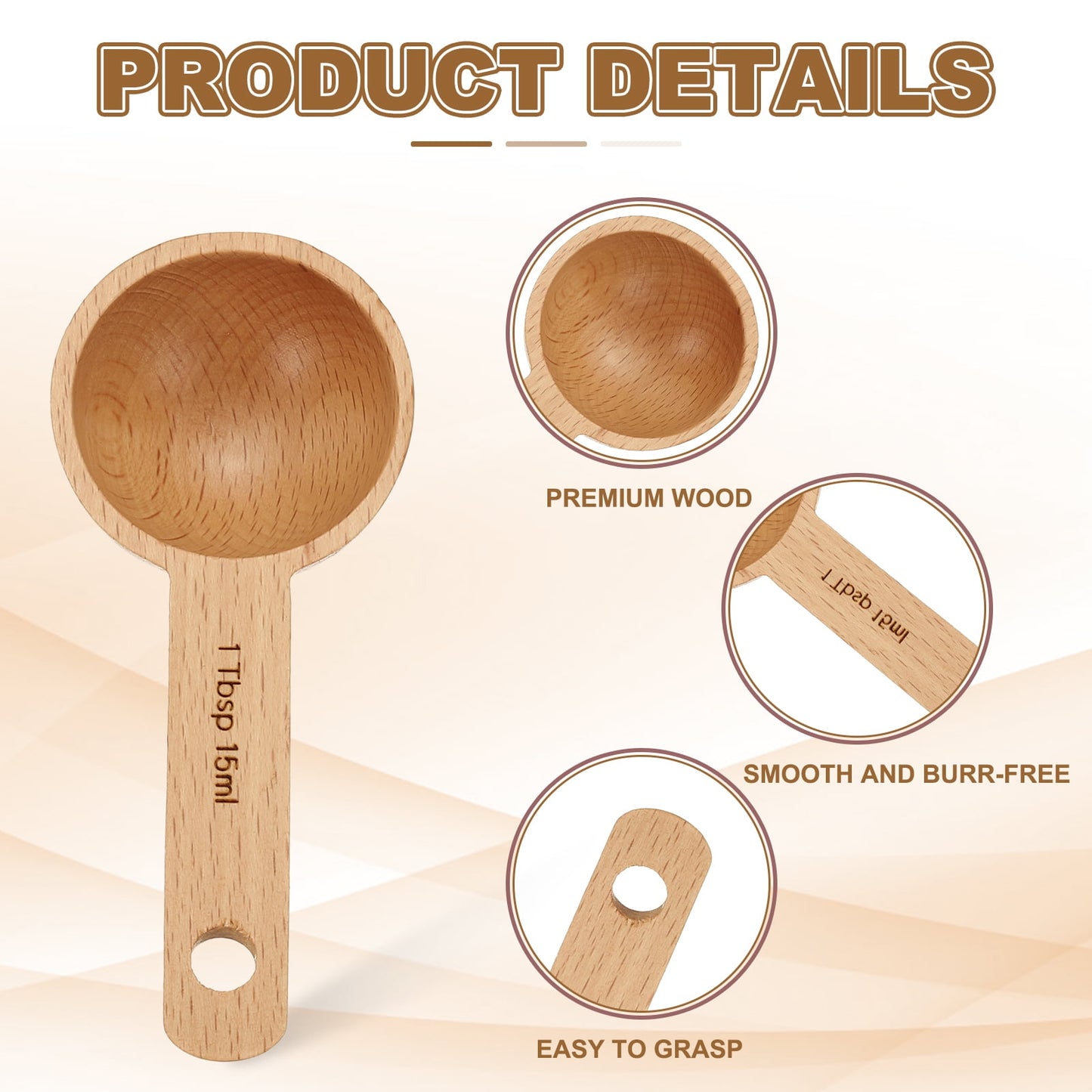 4pcs Coffee Spoons, 15ml Wooden Table Spoons Tea Measure Scoops for Measuring Coffee Beans Brown