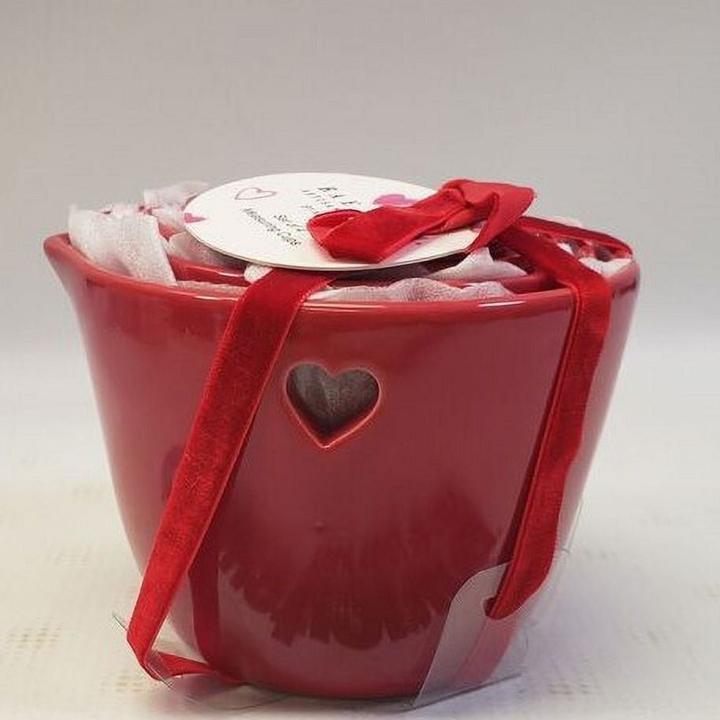 Rae Dunn ONE Red Ceramic Measuring Cup Set of 4 includes one cup; half cup; third cup and fourth cup Heart Cutout on back side Ivory LL Letters Valentine's Day