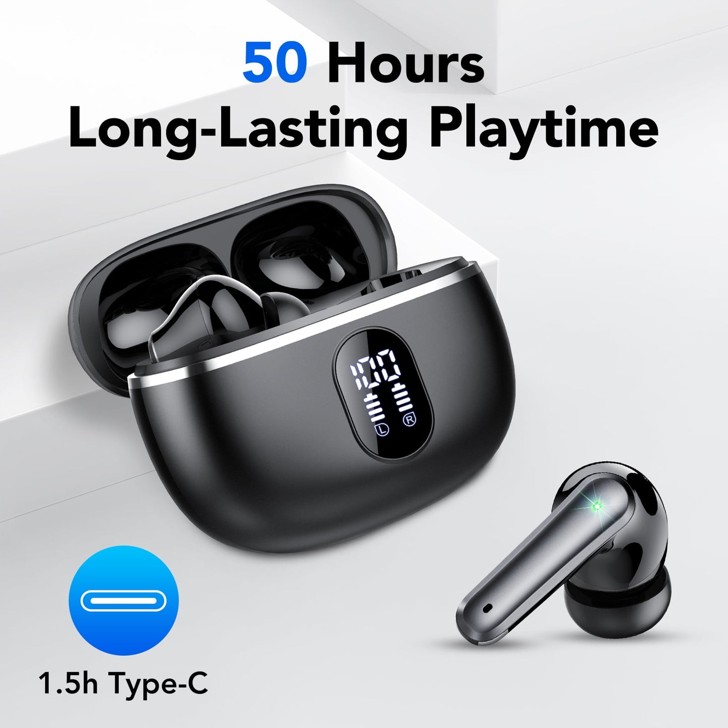 Wireless Ear Buds 50H Playback LED Power Display Earphones with Wireless Charging Case Headphones IPX7 Waterproof in-Ear Earbuds with Mic Compatible for iPhone Android Black