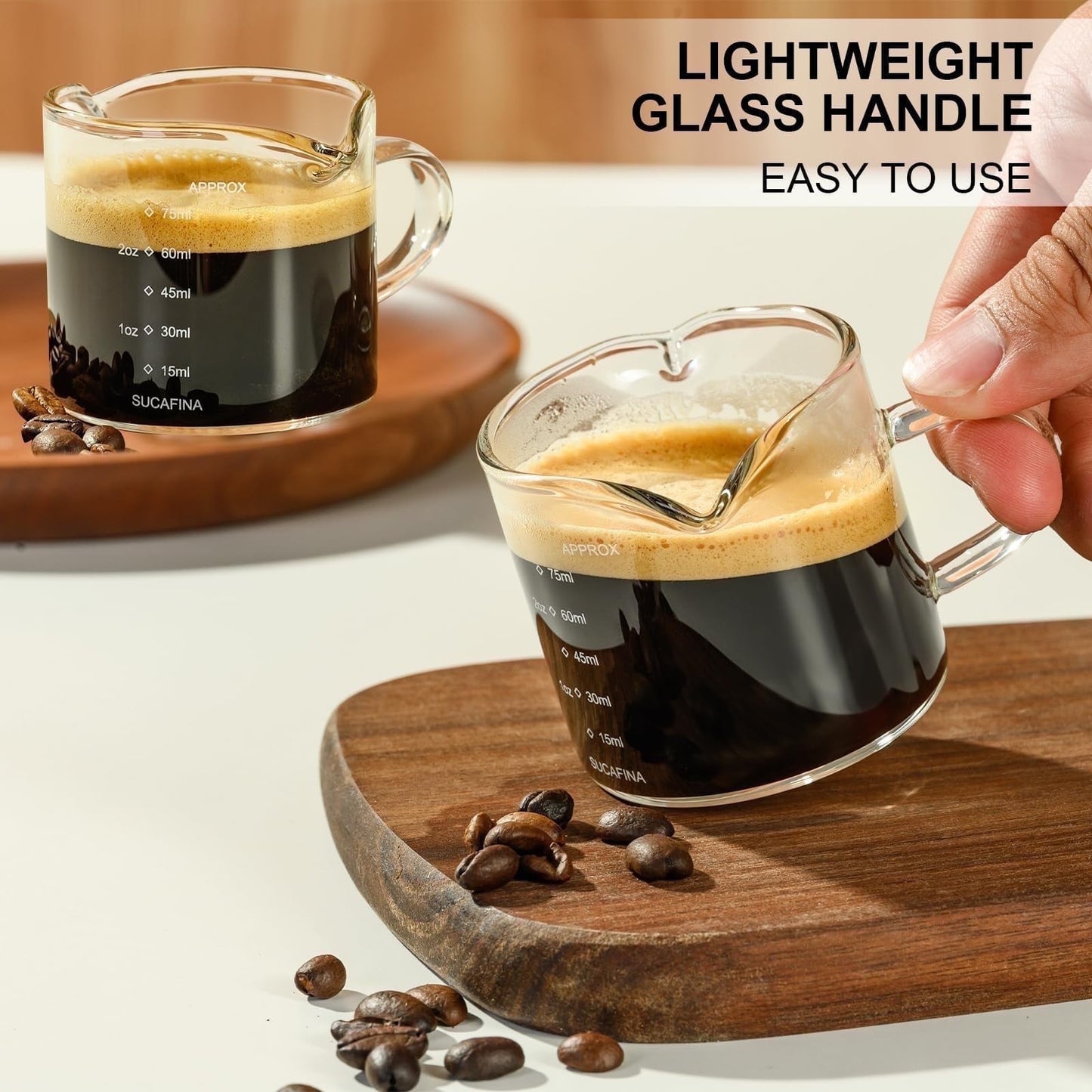 Baalaka Espresso Cup Set with Handle, Double Spout Glass Measuring Cup, V-Shaped Shot Glass, Clear Milk Frothing Pitcher, Espresso Accessories