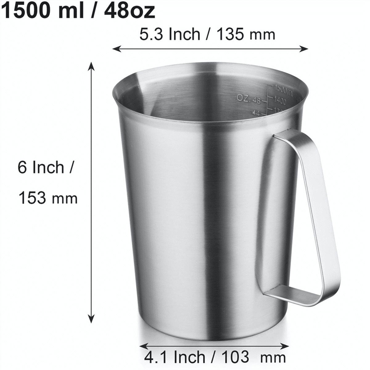 304 Stainless Steel Measuring Cup with Handle and Pour Lip, Metal Pitcher Oz ML Marking, 48OZ/1500 ML- 6 Cup)