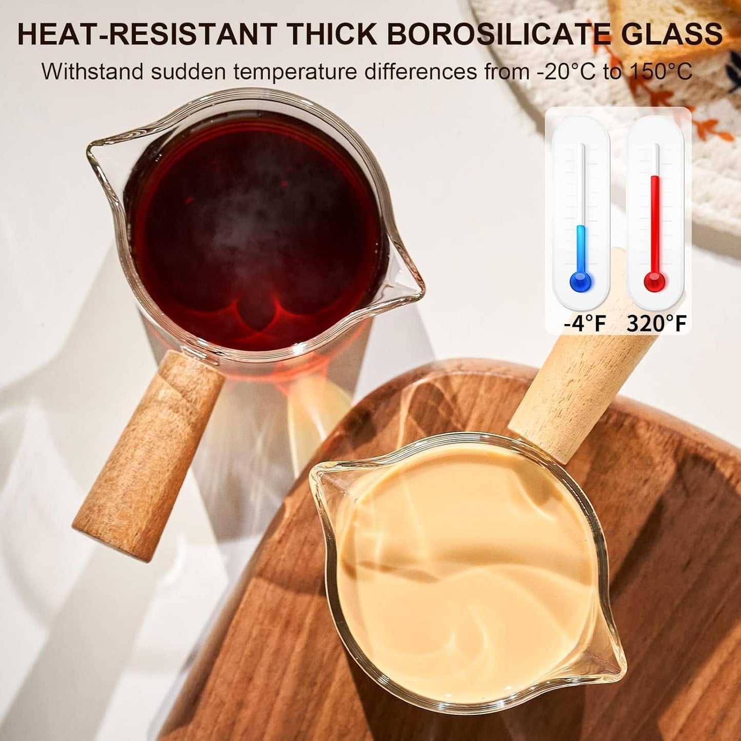 Baalaka Espresso Cup with Wood Handle - Double Spout & V-Mouth Glass, Dual Scale 3.5oz Milk Frother for Latte/Cappuccino