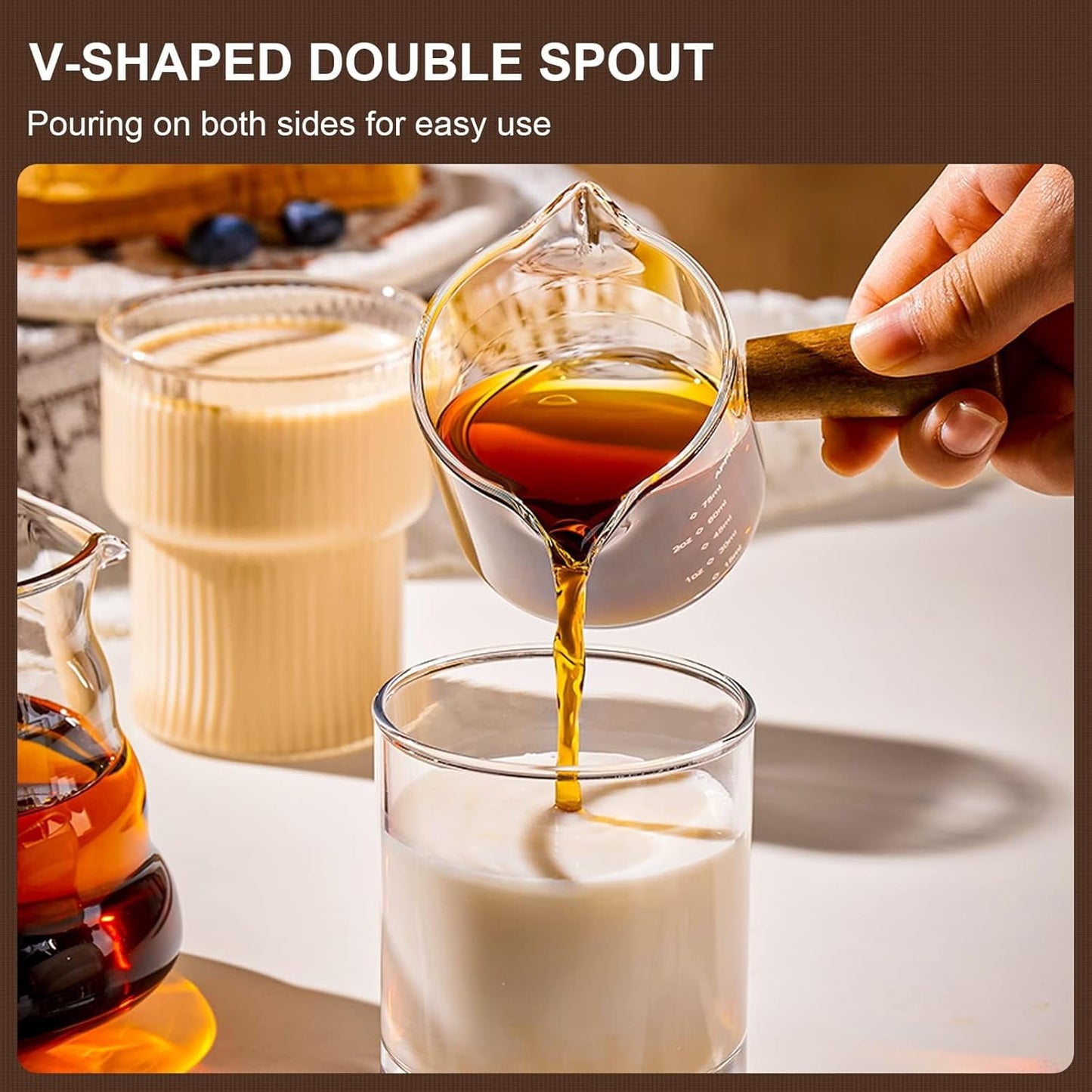 Baalaka Espresso Cup with Wood Handle - Double Spout & V-Mouth Glass, Dual Scale 3.5oz Milk Frother for Latte/Cappuccino