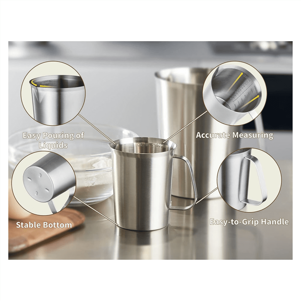 304 Stainless Steel Measuring Cup with Handle and Pour Lip, Metal Pitcher Oz ML Marking, 48OZ/1500 ML- 6 Cup)