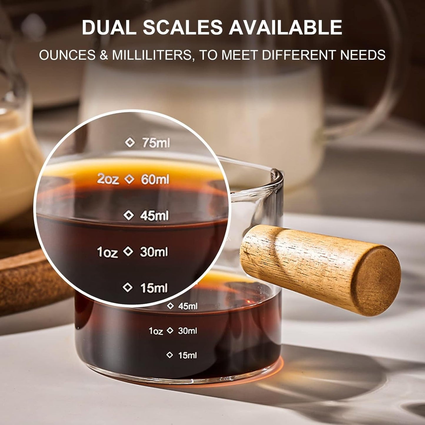 Baalaka Espresso Cup with Wood Handle - Double Spout & V-Mouth Glass, Dual Scale 3.5oz Milk Frother for Latte/Cappuccino