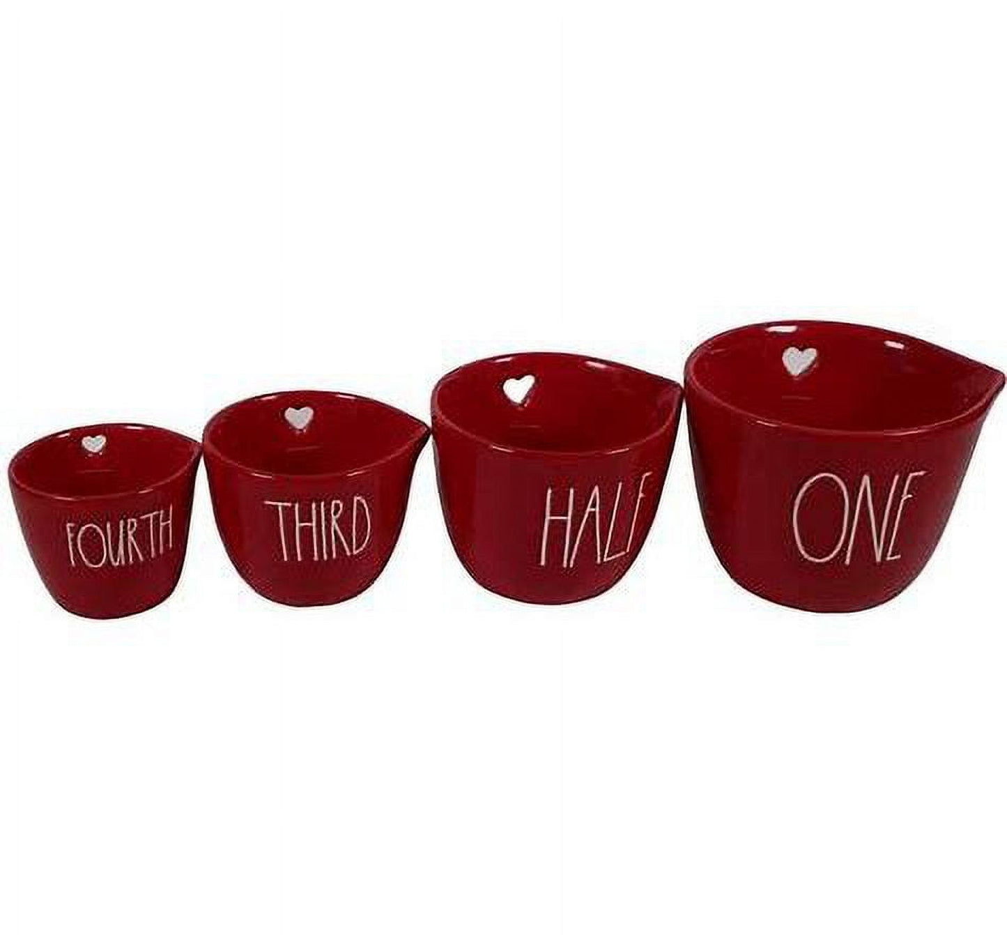 Rae Dunn ONE Red Ceramic Measuring Cup Set of 4 includes one cup; half cup; third cup and fourth cup Heart Cutout on back side Ivory LL Letters Valentine's Day