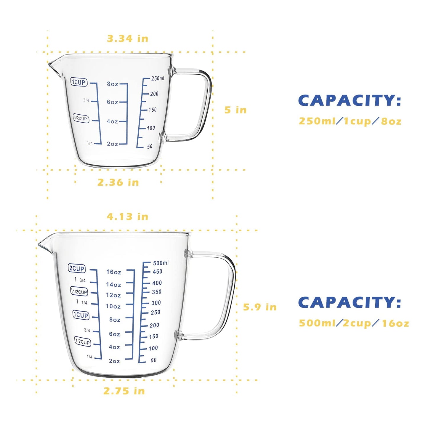 Vucchini Glass Measuring Cup Set - Measure Jugs Mixing Mug with 3 scales for laboratory Milk - Making Kitchen Baking Party Wine Coffee Liquid - 2 cups - 16 oz & 8 oz