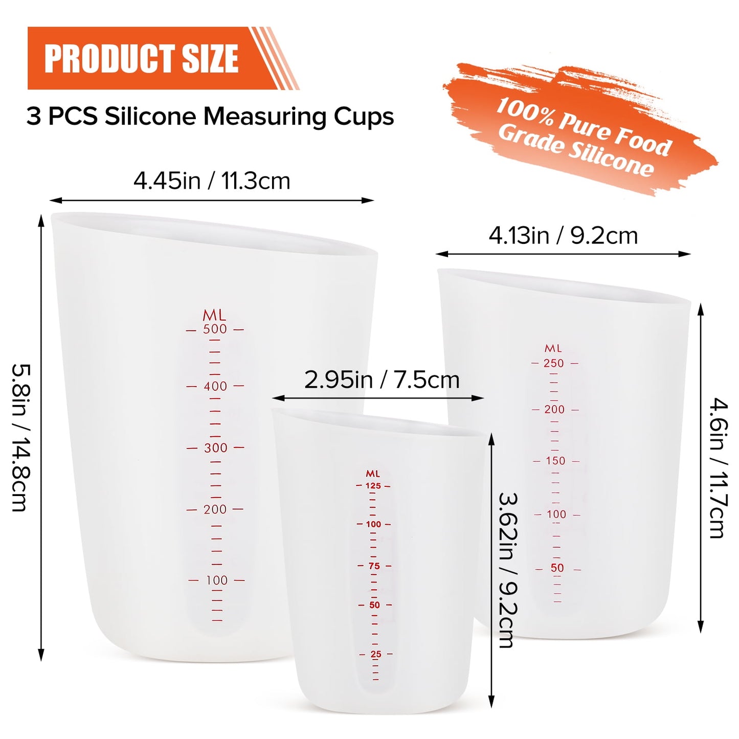 Badiano 3 Pcs High Heat Flexible Silicone Cups Set with ml/oz Marked for Measuring Pouring, White