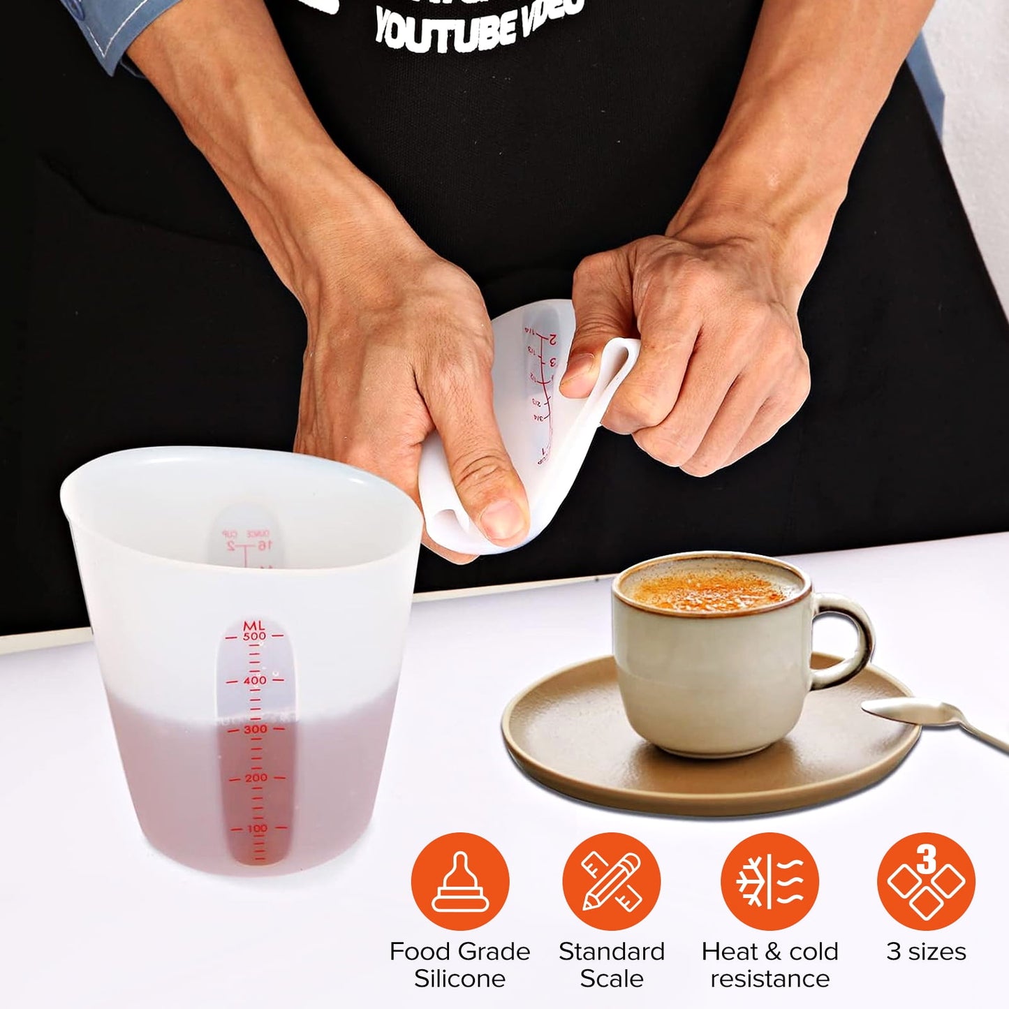 Badiano 3 Pcs High Heat Flexible Silicone Cups Set with ml/oz Marked for Measuring Pouring, White