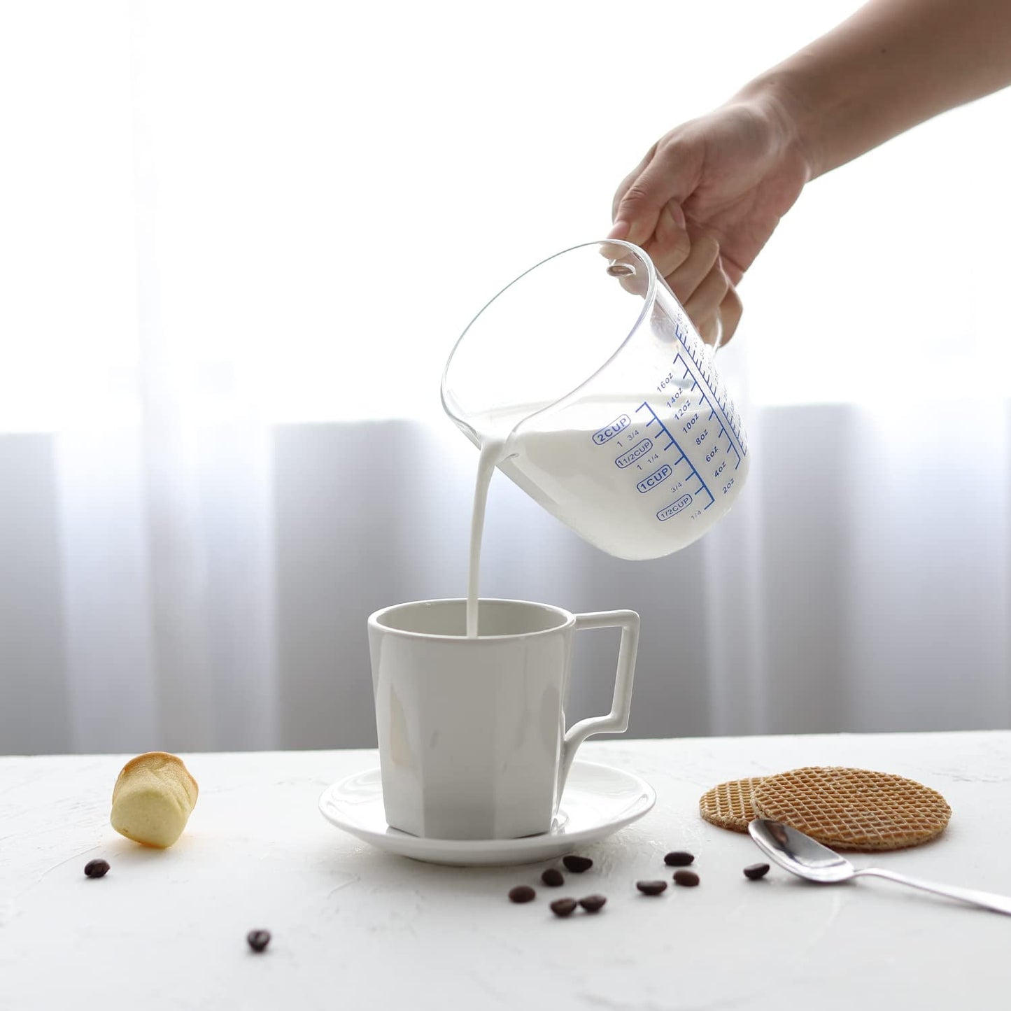 Vucchini Glass Measuring Cup Set - Measure Jugs Mixing Mug with 3 scales for laboratory Milk - Making Kitchen Baking Party Wine Coffee Liquid - 2 cups - 16 oz & 8 oz