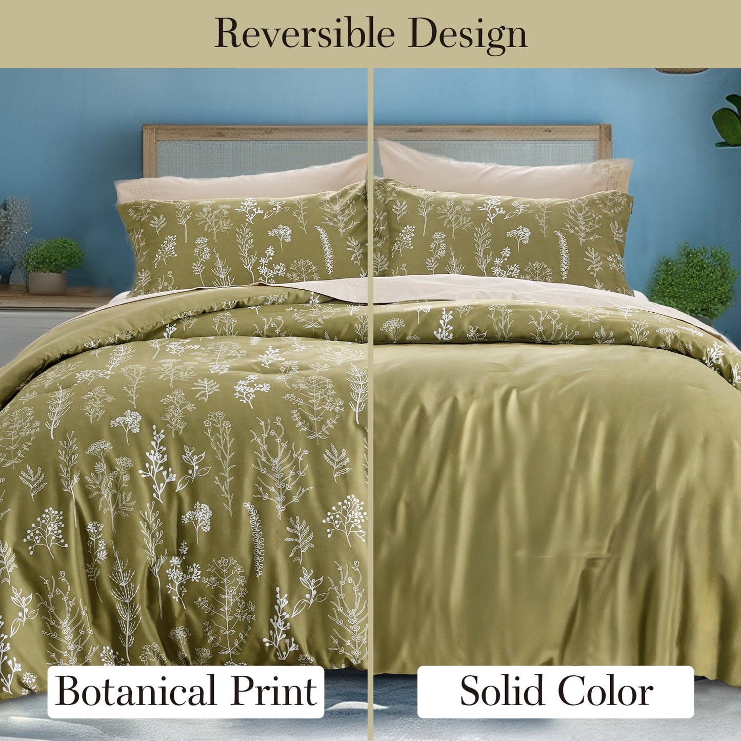 Cozy Comfort 3 Pieces Comforter Sets, 1 Soft Reversible Botanical Flowers Comforter and 2 Pillow Shams, Olive Green, Queen Size