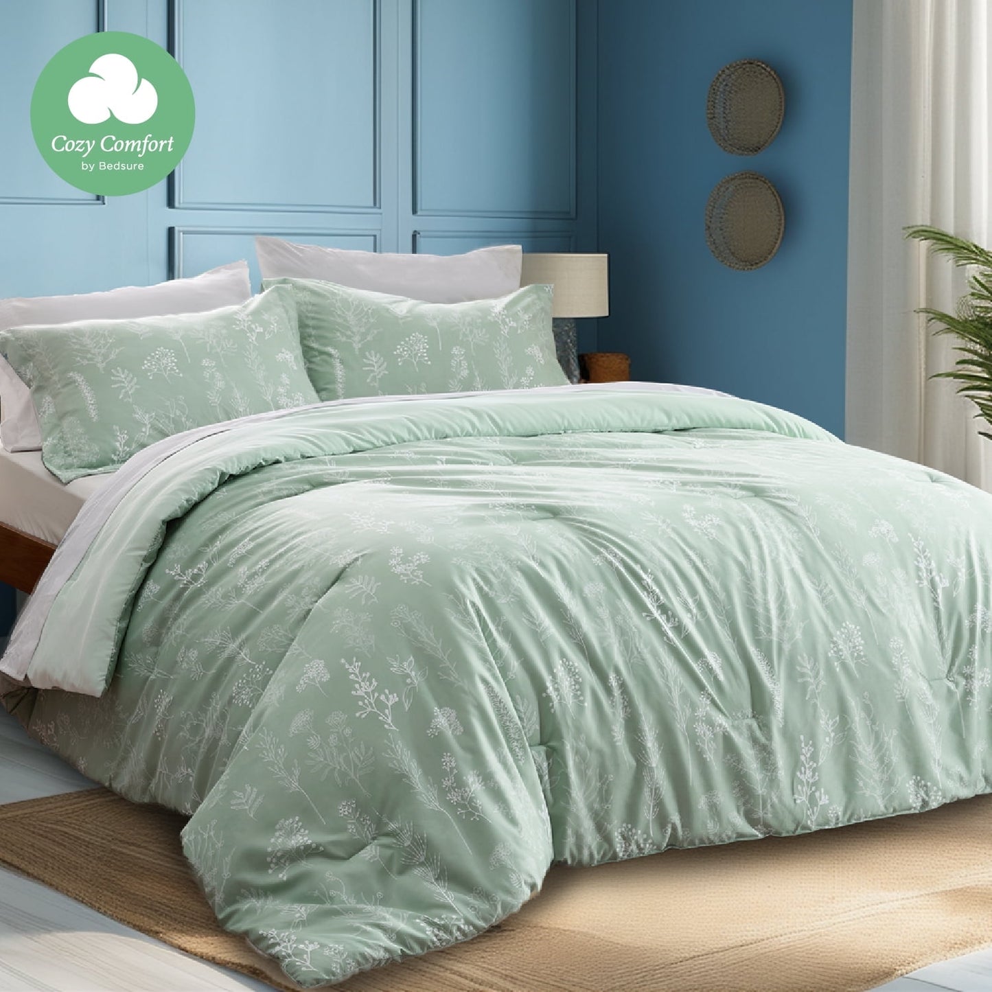 Cozy Comfort 3 Pieces Comforter Sets, 1 Soft Reversible Botanical Flowers Comforter and 2 Pillow Shams, Olive Green, Queen Size