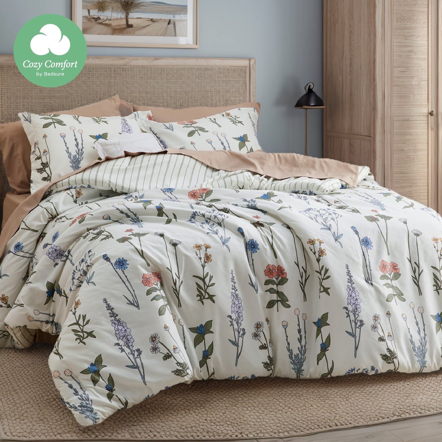 Cozy Comfort 3 Pieces Comforter Sets, 1 Soft Reversible Botanical Flowers Comforter and 2 Pillow Shams, Olive Green, Queen Size