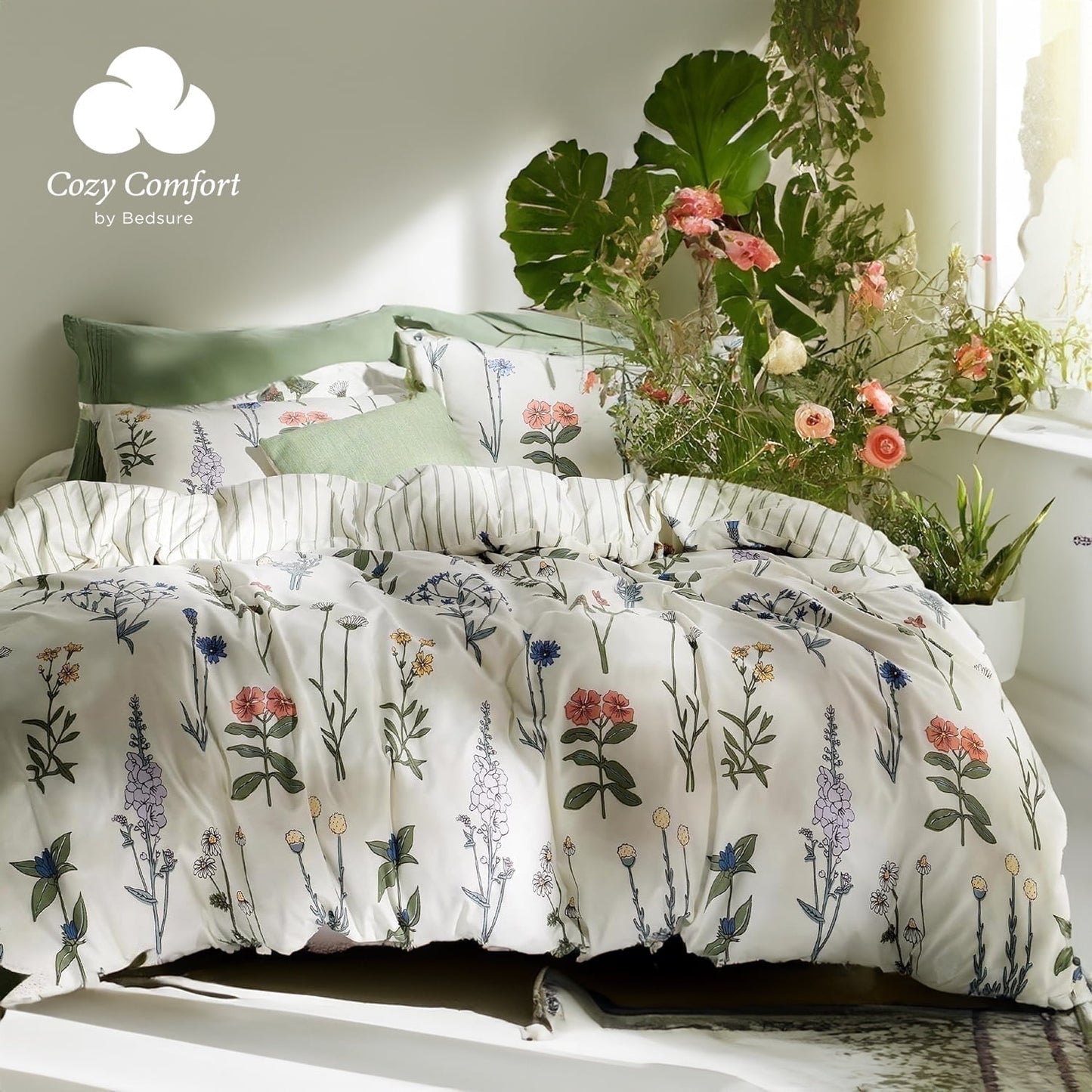 Cozy Comfort 3 Pieces Comforter Sets, 1 Soft Reversible Botanical Flowers Comforter and 2 Pillow Shams, Olive Green, Queen Size