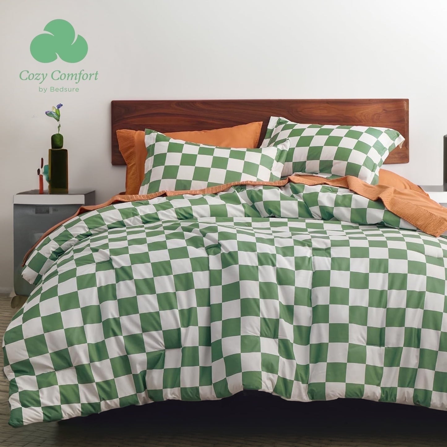 Cozy Comfort 3 Pieces Comforter Sets, 1 Soft Reversible Botanical Flowers Comforter and 2 Pillow Shams, Olive Green, Queen Size