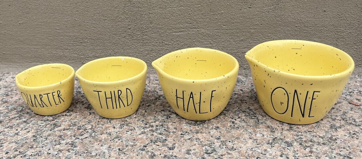 Rae Dunn Yellow Speckled Ceramic Measuring Cups Black Lettering 4-piece set includes 1 each of One Half Third Quarter Cup Kitchen