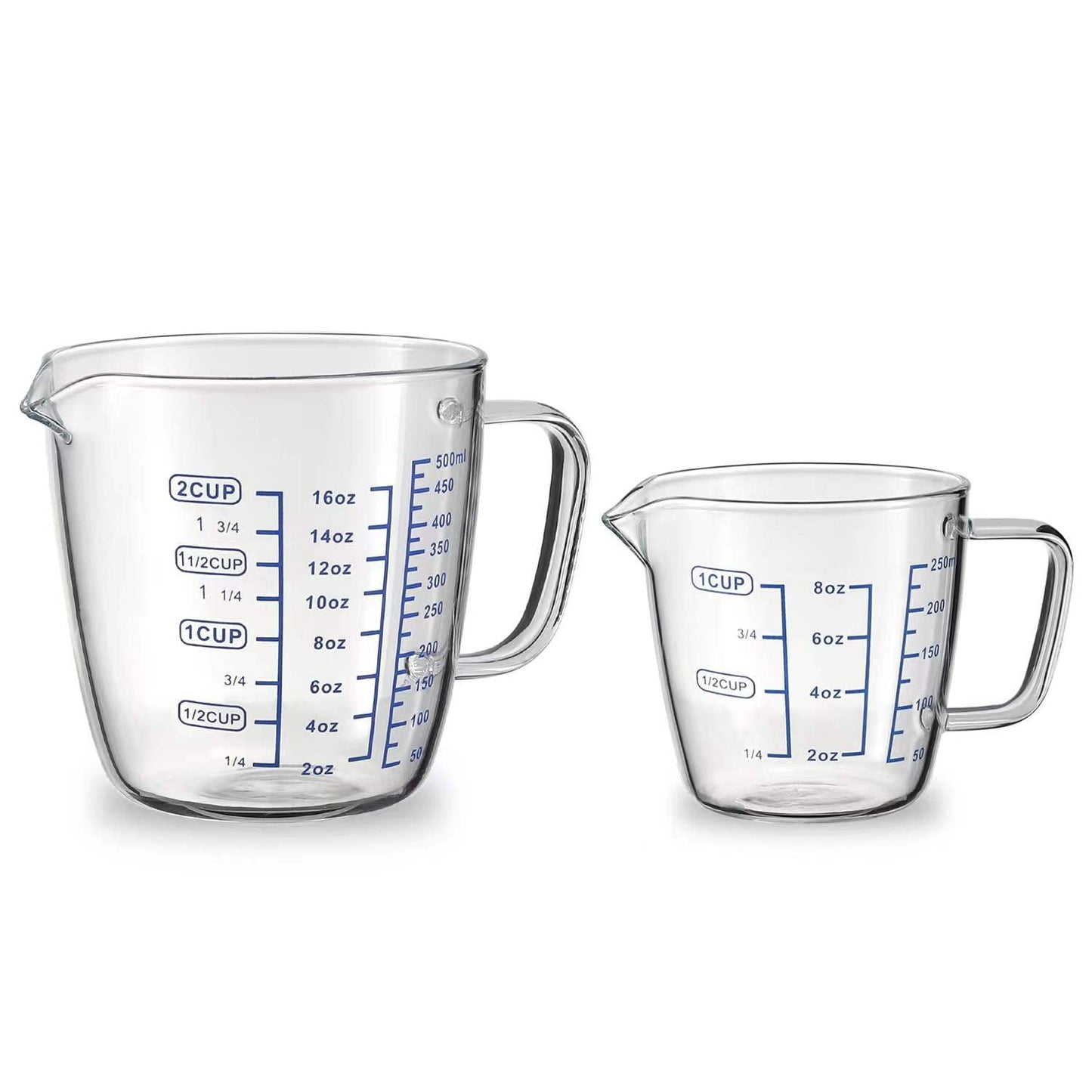 Vucchini Glass Measuring Cup Set - Measure Jugs Mixing Mug with 3 scales for laboratory Milk - Making Kitchen Baking Party Wine Coffee Liquid - 2 cups - 16 oz & 8 oz