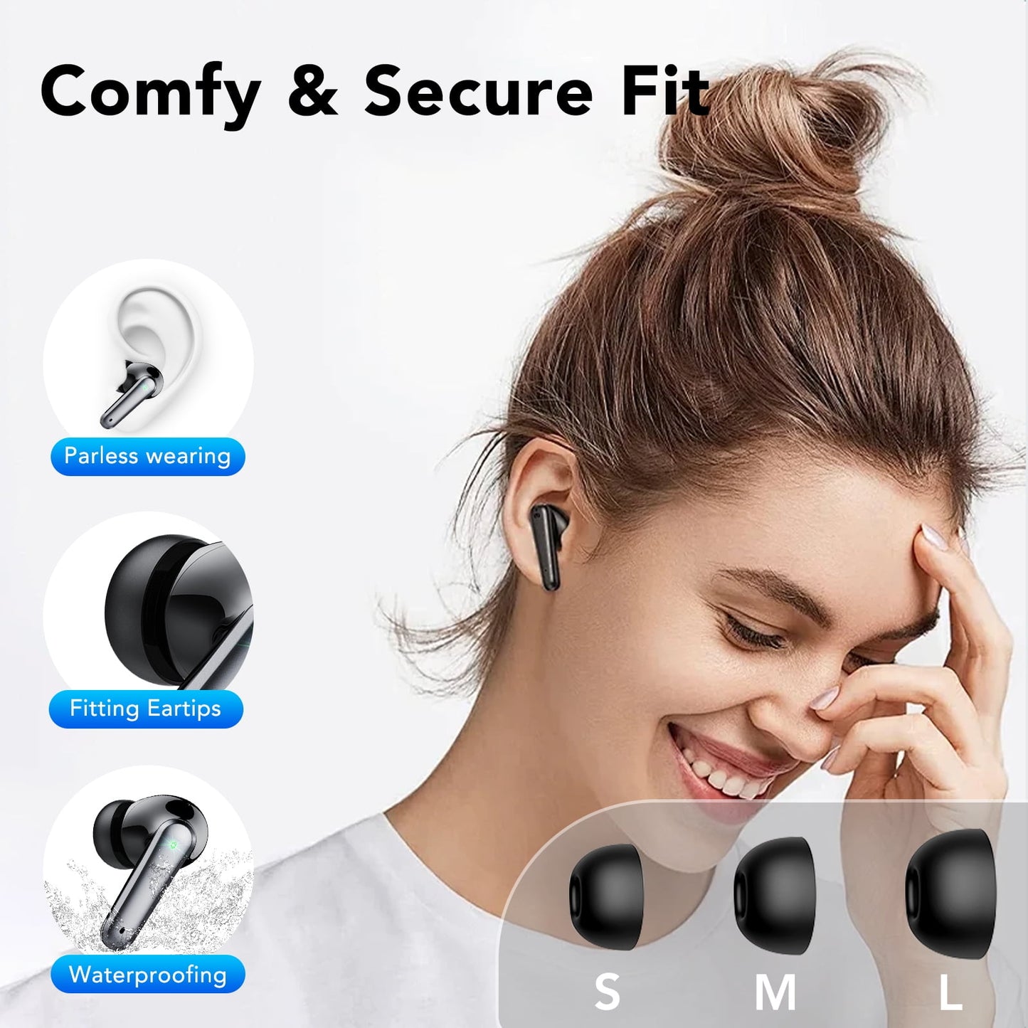 Wireless Ear Buds 50H Playback LED Power Display Earphones with Wireless Charging Case Headphones IPX7 Waterproof in-Ear Earbuds with Mic Compatible for iPhone Android Black