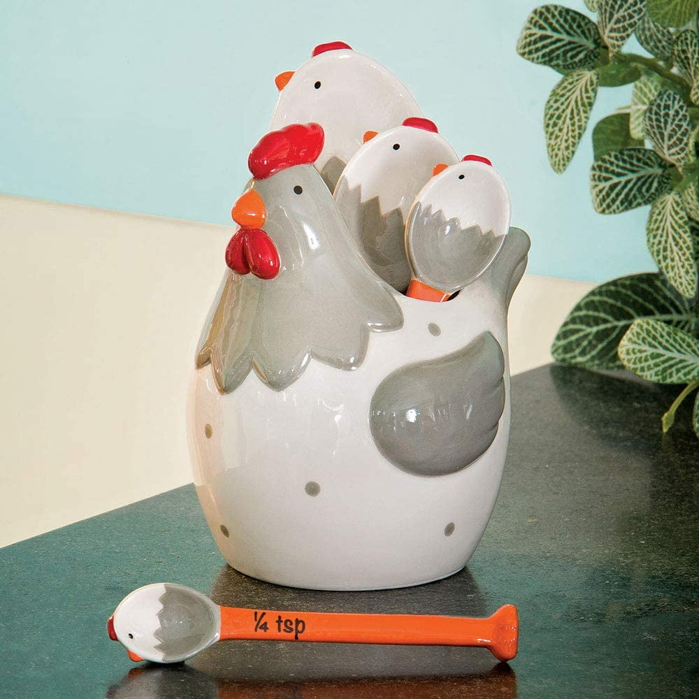 Bits and Pieces Ceramic Chicken Measuring Spoons – 4-Piece Kitchen Décor