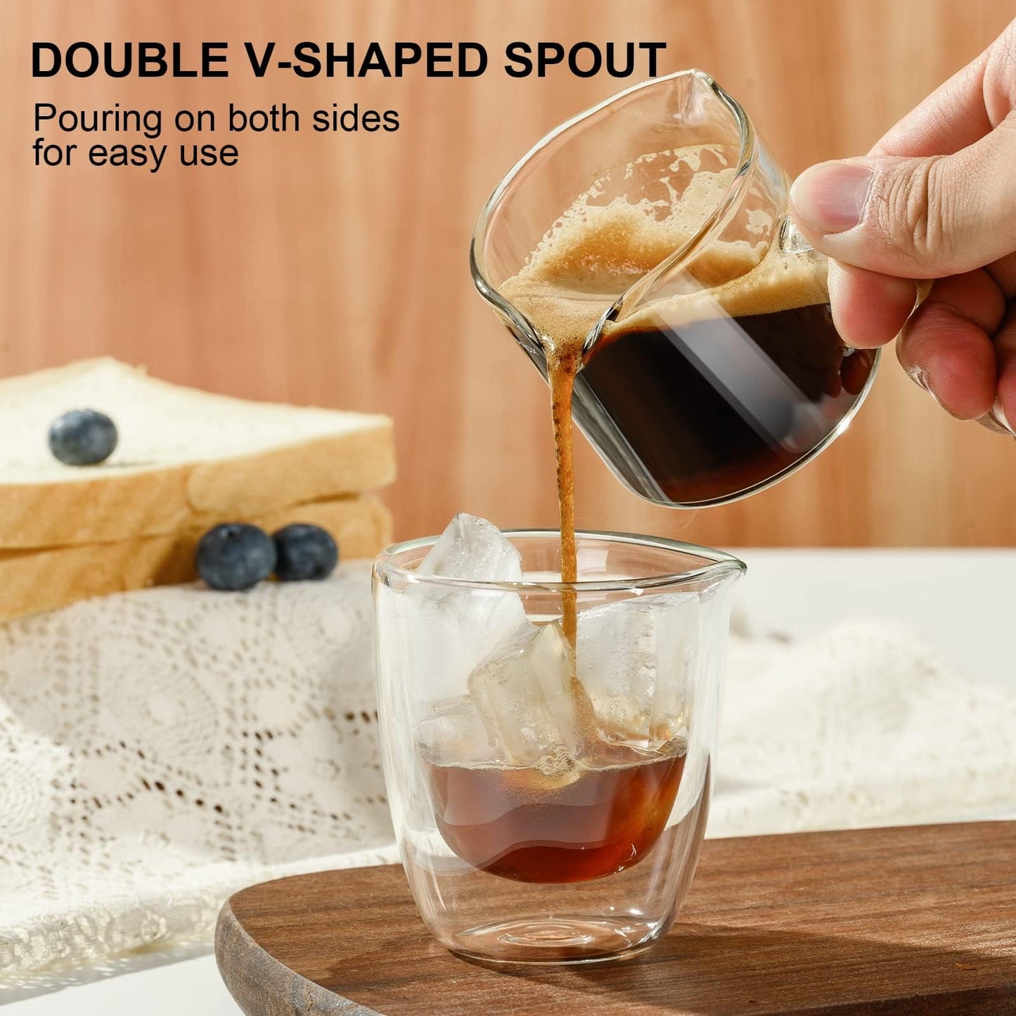 Baalaka Espresso Cup Set with Handle, Double Spout Glass Measuring Cup, V-Shaped Shot Glass, Clear Milk Frothing Pitcher, Espresso Accessories