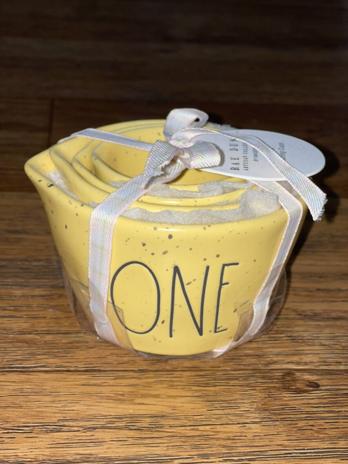 Rae Dunn Yellow Speckled Ceramic Measuring Cups Black Lettering 4-piece set includes 1 each of One Half Third Quarter Cup Kitchen