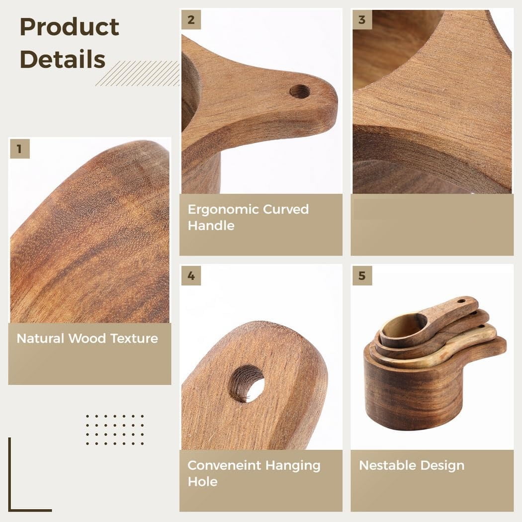 Wood Measuring Cup Set of 4, Nestable Natural Wooden Measuring Cups, 1, 1/2, 1/3, 1/4 Cup Sizes, Kitchen Utensils for Measuring Flour, Sugar, Spices, Nuts, Baking Cooking Tools