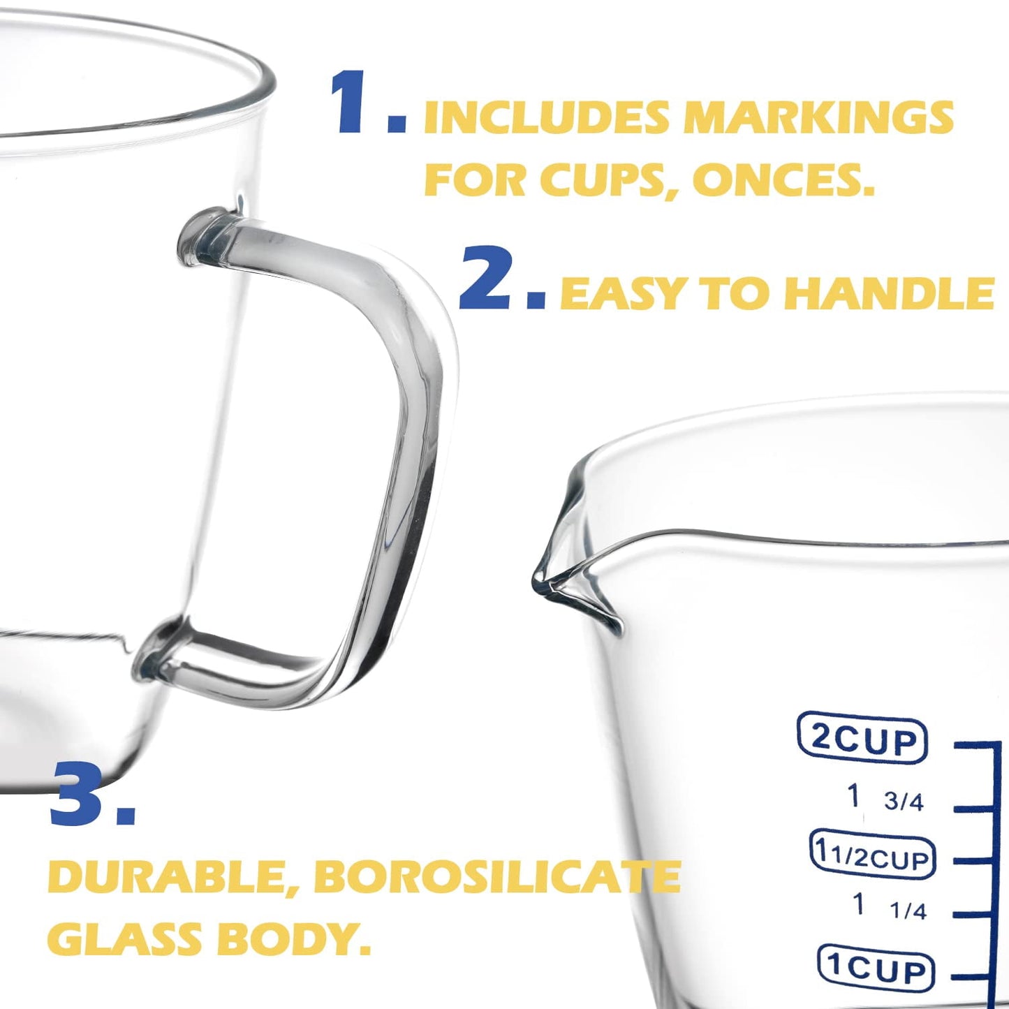 Vucchini Glass Measuring Cup Set - Measure Jugs Mixing Mug with 3 scales for laboratory Milk - Making Kitchen Baking Party Wine Coffee Liquid - 2 cups - 16 oz & 8 oz