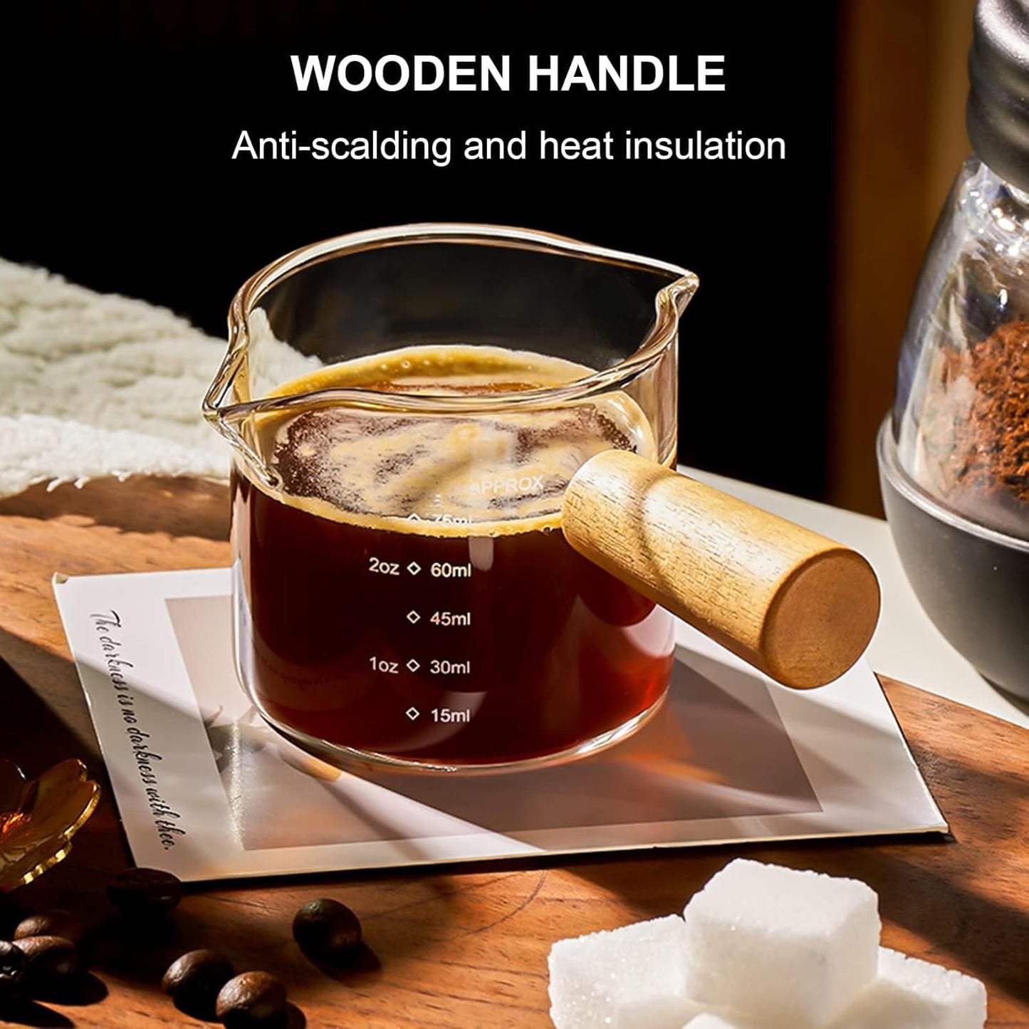 Baalaka Espresso Cup with Wood Handle - Double Spout & V-Mouth Glass, Dual Scale 3.5oz Milk Frother for Latte/Cappuccino