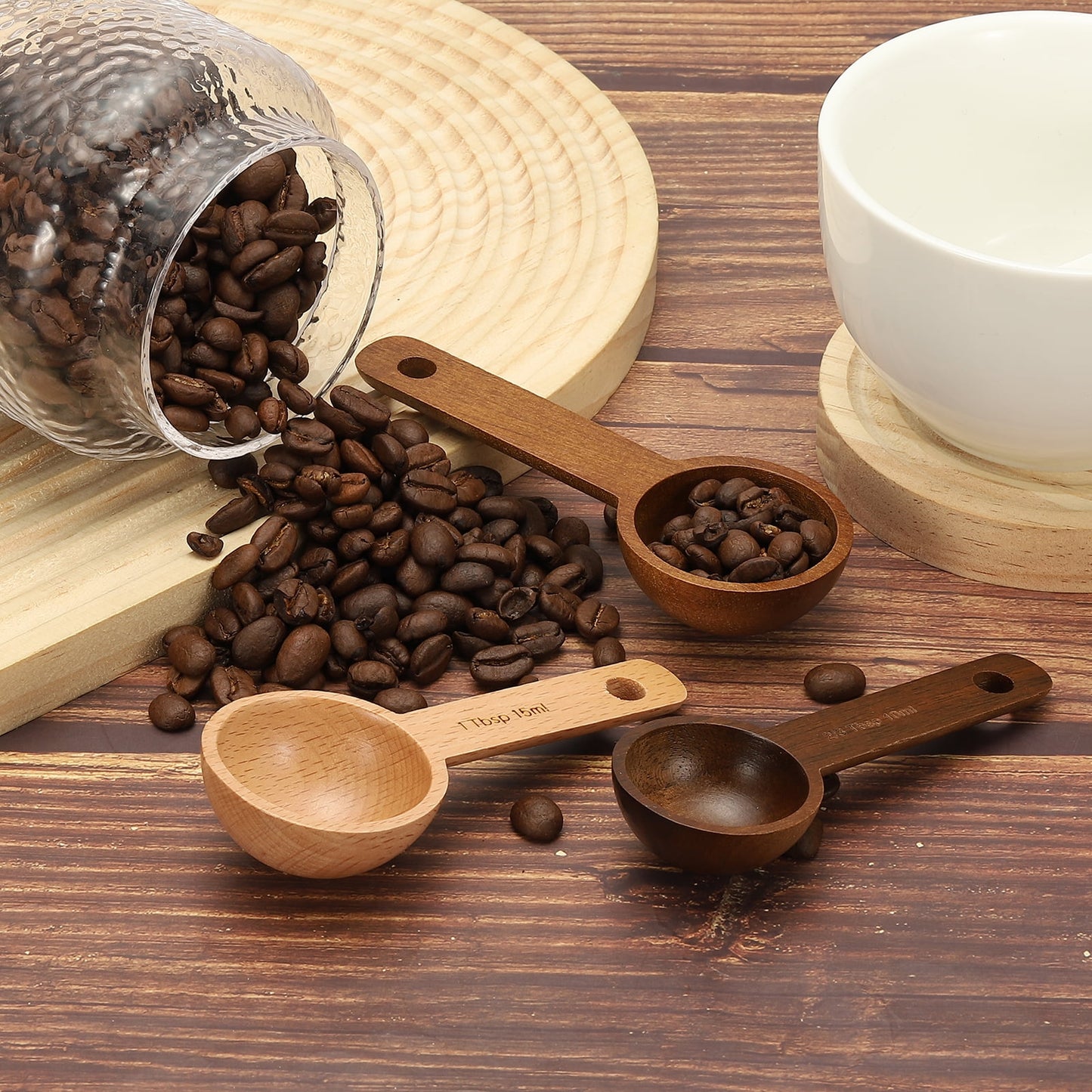 4pcs Coffee Spoons, 15ml Wooden Table Spoons Tea Measure Scoops for Measuring Coffee Beans Brown