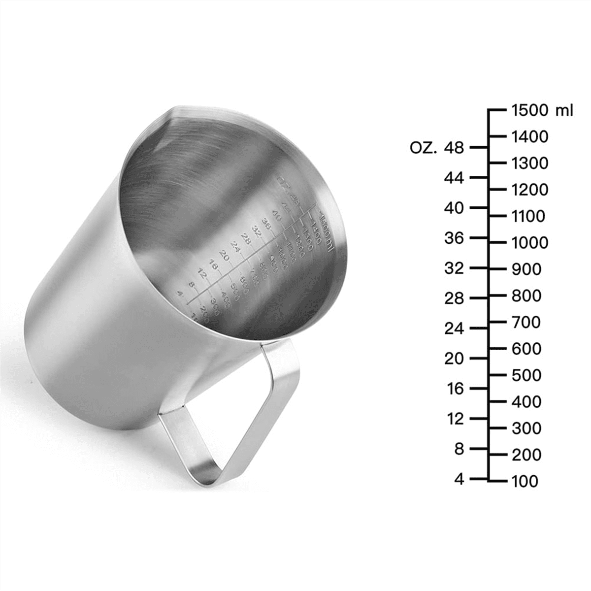 304 Stainless Steel Measuring Cup with Handle and Pour Lip, Metal Pitcher Oz ML Marking, 48OZ/1500 ML- 6 Cup)