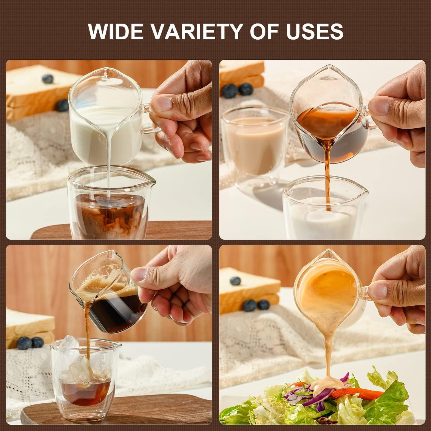 Baalaka Espresso Cup Set with Handle, Double Spout Glass Measuring Cup, V-Shaped Shot Glass, Clear Milk Frothing Pitcher, Espresso Accessories