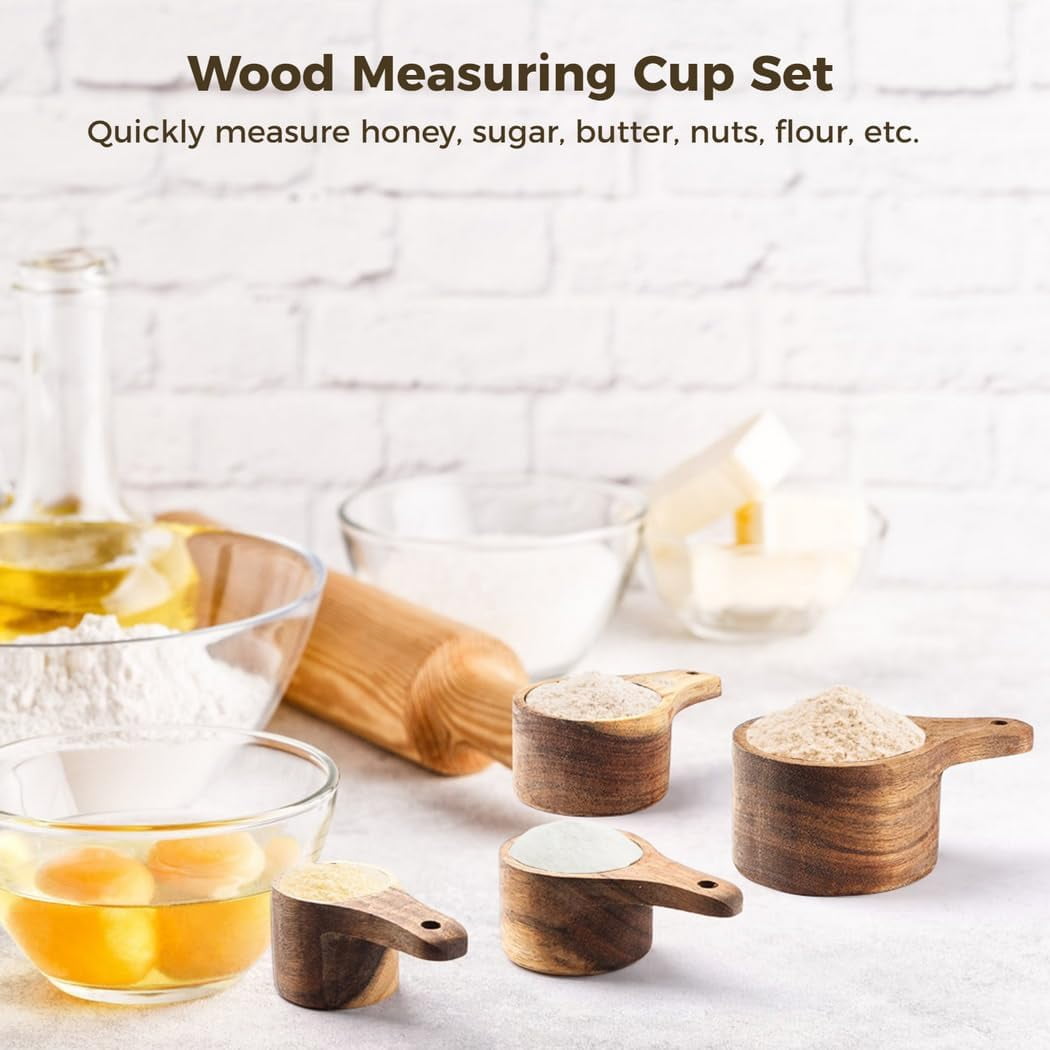 Wood Measuring Cup Set of 4, Nestable Natural Wooden Measuring Cups, 1, 1/2, 1/3, 1/4 Cup Sizes, Kitchen Utensils for Measuring Flour, Sugar, Spices, Nuts, Baking Cooking Tools