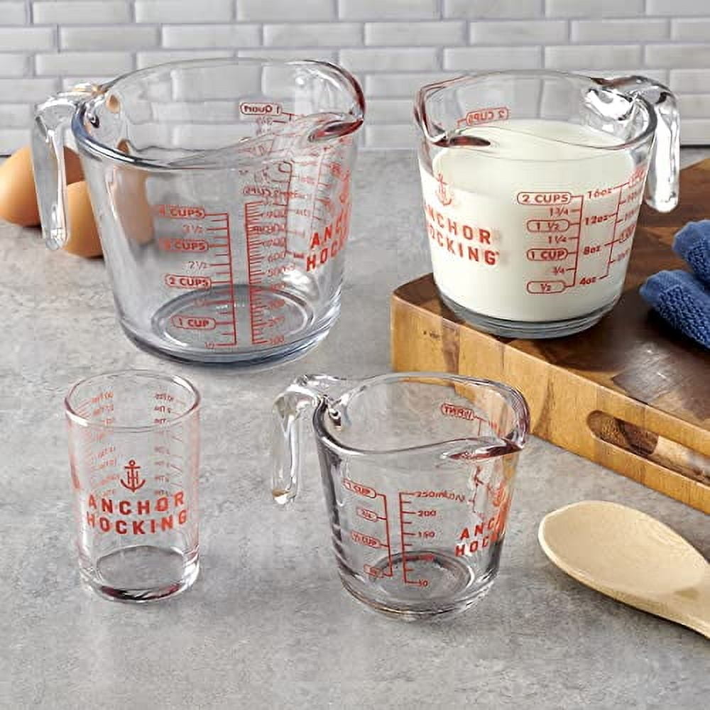 Anchor Hocking Glass Measuring Cups, 4 Piece Set (5 Ounce, 1 Cup, 2 Cup, 4 Cup liquid measuring cups) Set of 4 Clear