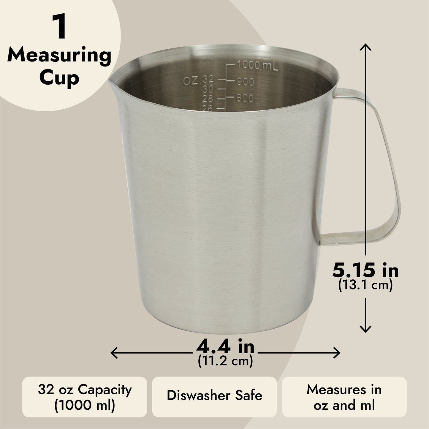 32 oz Stainless Steel Measuring Cup with Handle, 4 Cup Metal Pitcher with Ounces and Milliliters Marking (1000 ml)