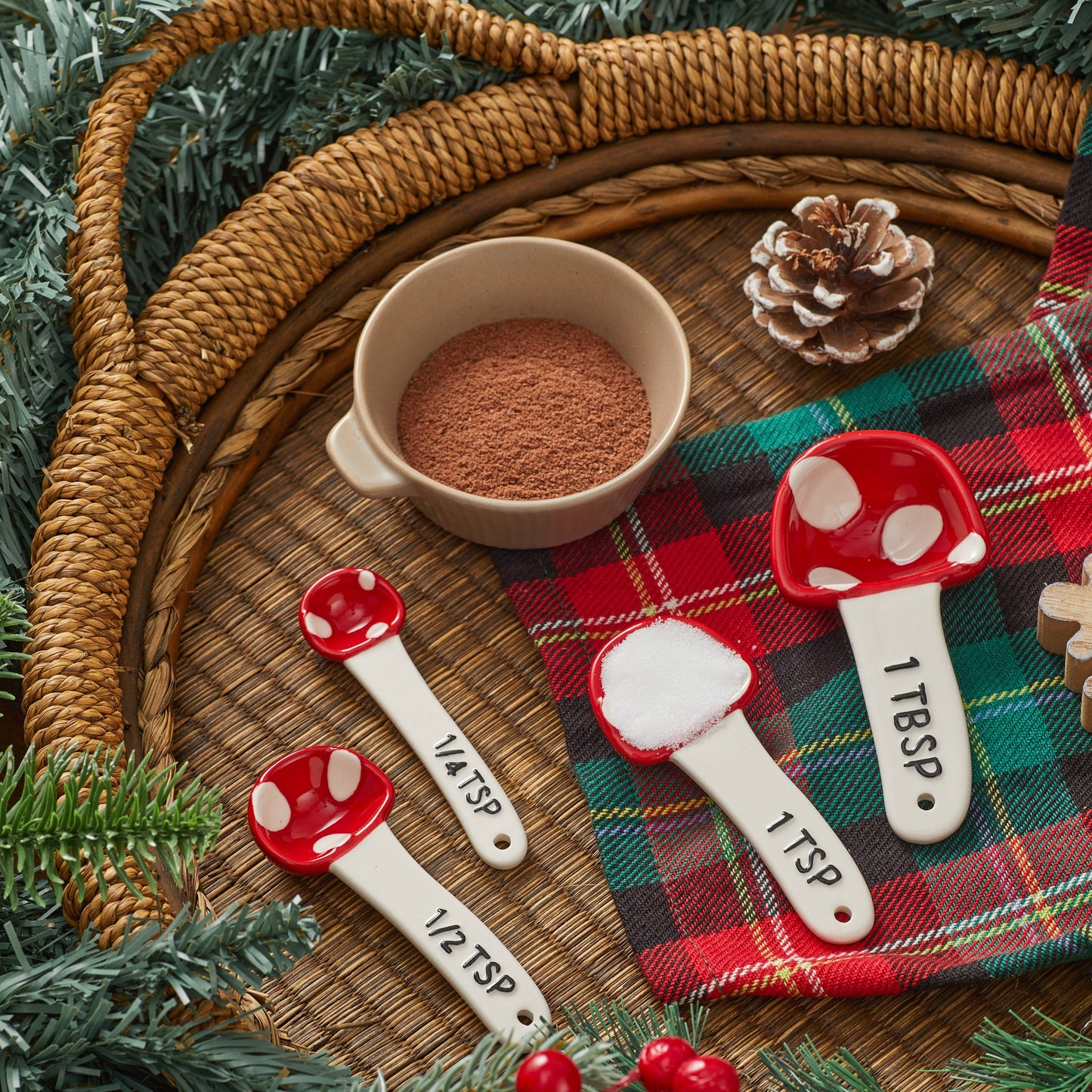 Bico Mushroom Gnome Hand Painted Stoneware Measuring Spoon Set, Cute Christmas Kitchen Accessories for Baking, Cooking, Dishwasher Safe