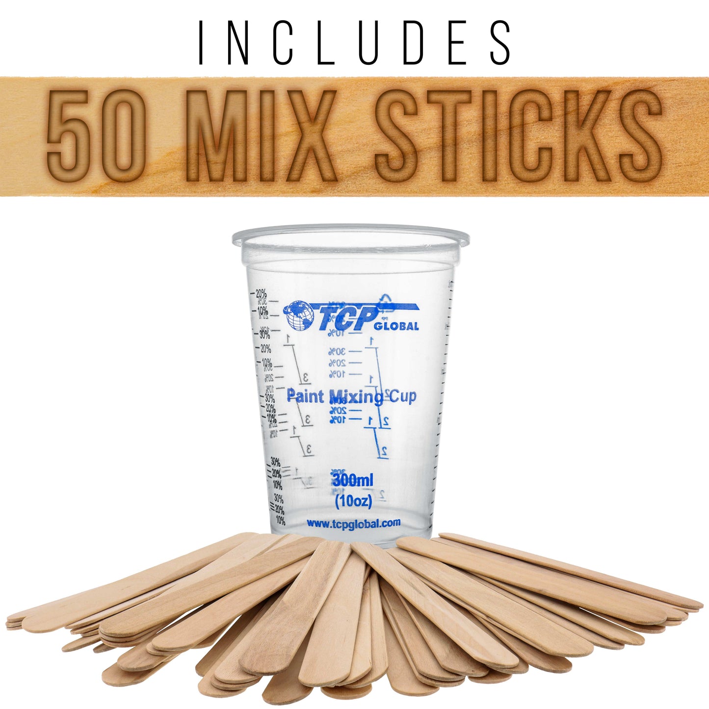 TCP Global 10 Ounce (300ml) Disposable Flexible Clear Graduated Plastic Mixing Cups - Box of 100 Cups & 50 Mixing Sticks - Use for Paint, Resin, Epoxy, Art, Kitchen - Measuring Ratios 2-1, 3-1, 4-1 ML