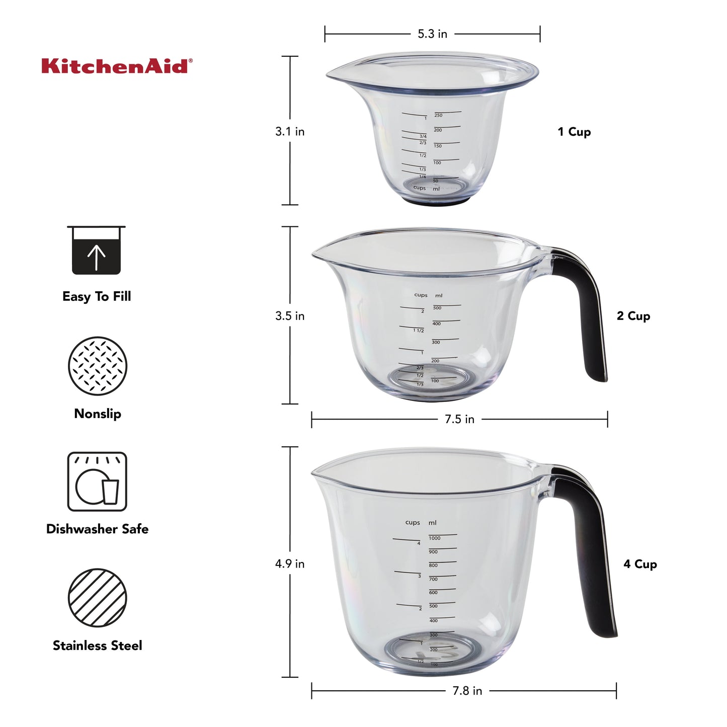 Kitchenaid Universal Clear Plastic Set of 3 Nesting Measuring Cups with Black Handle