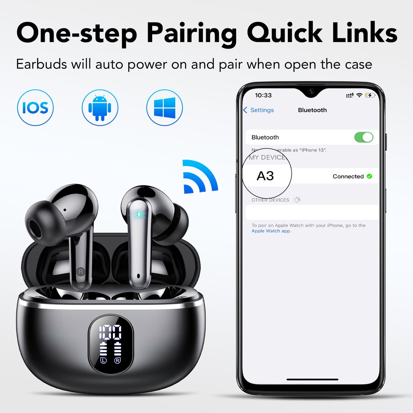 Wireless Ear Buds 50H Playback LED Power Display Earphones with Wireless Charging Case Headphones IPX7 Waterproof in-Ear Earbuds with Mic Compatible for iPhone Android Black