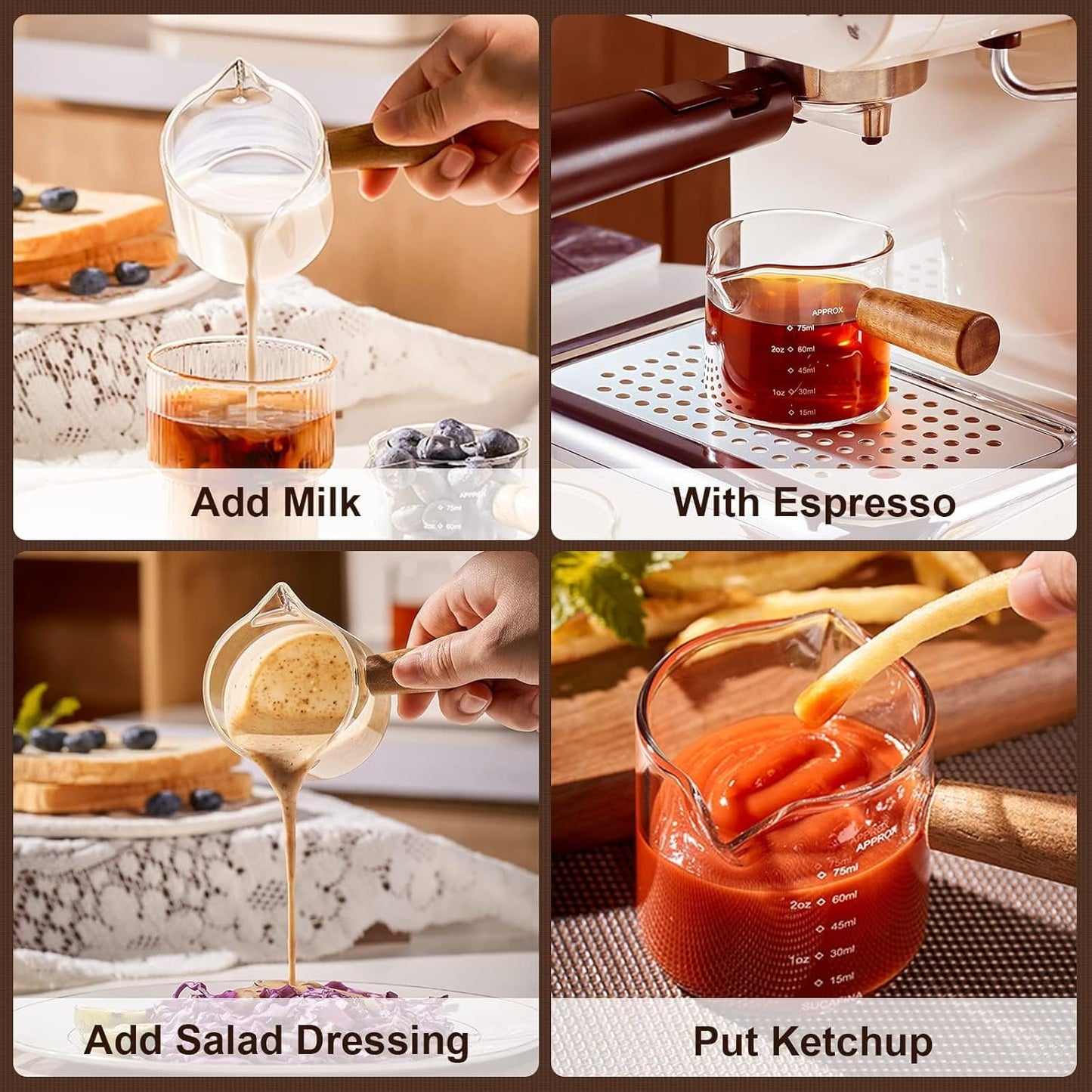Baalaka Espresso Cup with Wood Handle - Double Spout & V-Mouth Glass, Dual Scale 3.5oz Milk Frother for Latte/Cappuccino