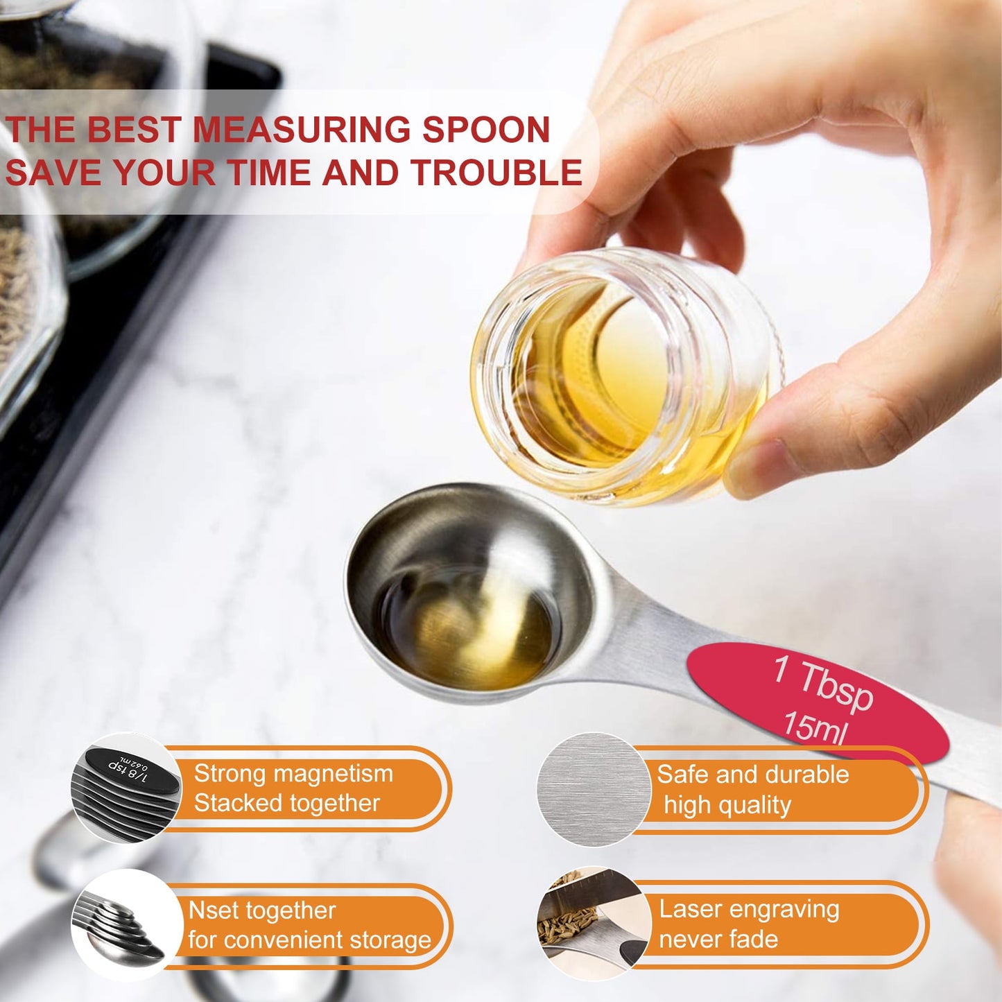 Magnetic Measuring Spoons Set, Dual Sided, Stainless Steel, Fits in Spice Jars (8 Pieces-Multicolor)