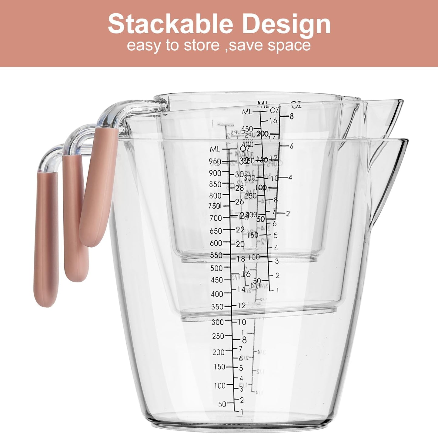 IWNTWY 3-Piece Measuring Cups, Stackable Plastic Measuring Cups for Kitchen Prepping, Baking, Cooking
