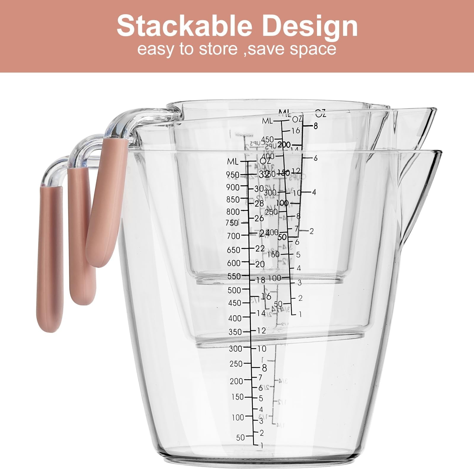 IWNTWY 3-Piece Measuring Cups, Stackable Plastic Measuring Cups for Kitchen Prepping, Baking, Cooking