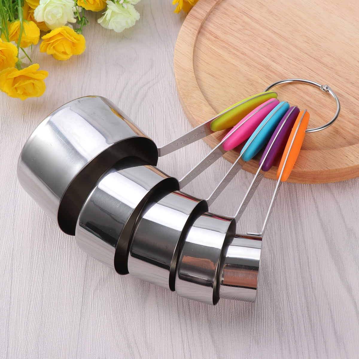 5PCS Stainless Steel Stackable Measuring Cup Set with Silicone Handles for Kitchen Cooking Baking - 1.0MM (Handle for Random Color)