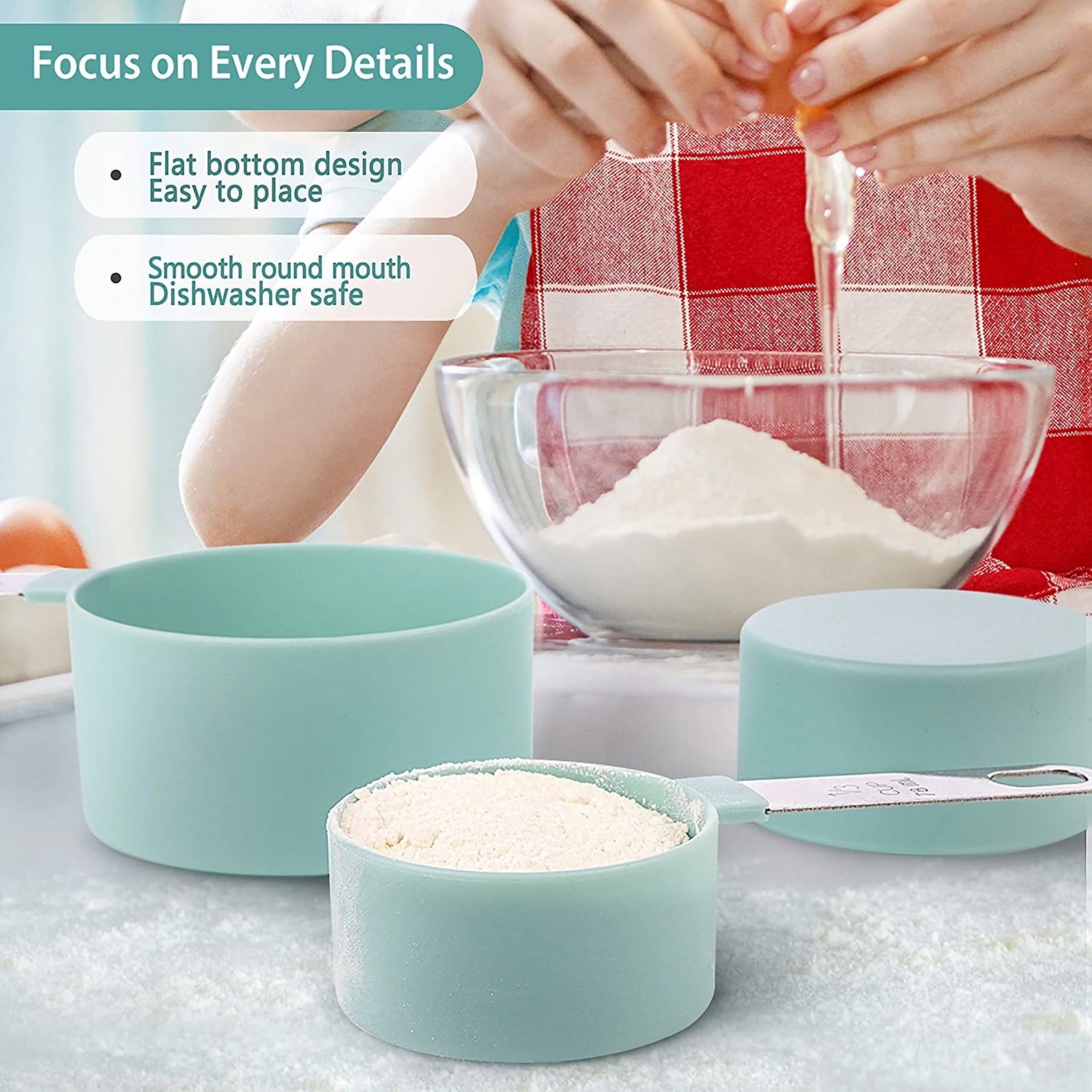 Yeebline Measuring Cups and Spoons Set of 8 Pieces, Nesting Measure Cups with Stainless Steel Handle, for Dry and Liquid Ingredient - Lake Blue
