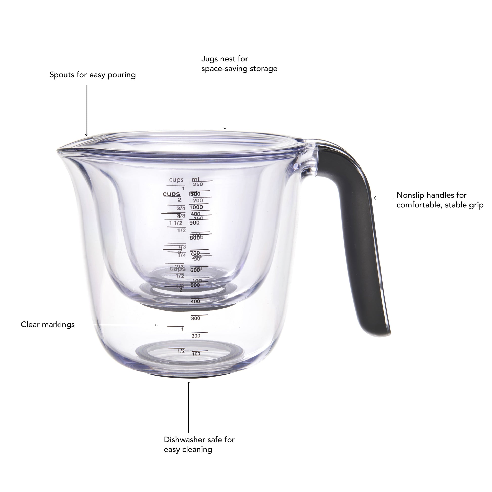 Kitchenaid Universal Clear Plastic Set of 3 Nesting Measuring Cups with Black Handle