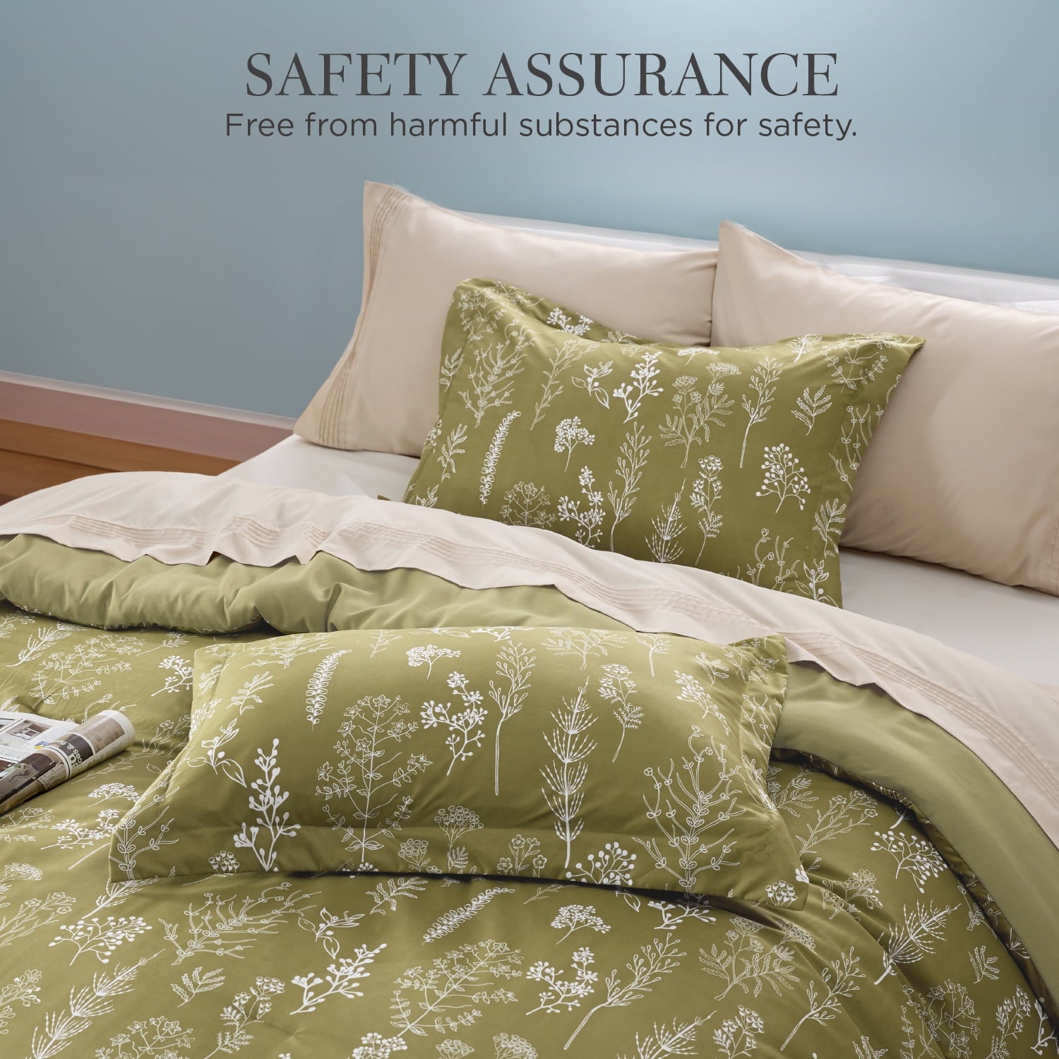 Cozy Comfort 3 Pieces Comforter Sets, 1 Soft Reversible Botanical Flowers Comforter and 2 Pillow Shams, Olive Green, Queen Size