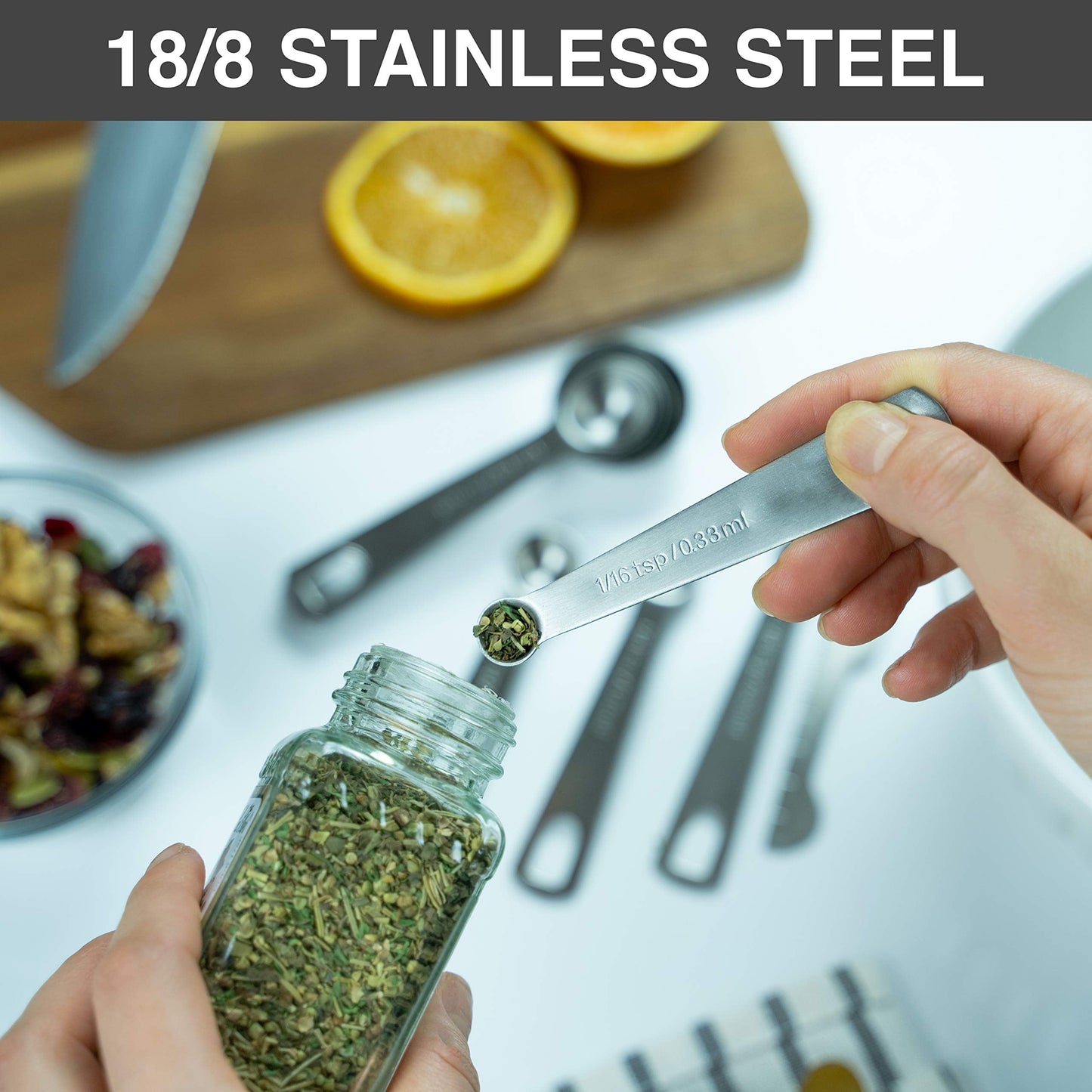 9 Measuring Spoons, Heavy Duty 18/8 Premium Stainless Steel Measuring Spoons Set, Spoons with US and Metric Measurements, Set of 9 + Leveler, Measuring tools for Dry and Liquid Ingredients